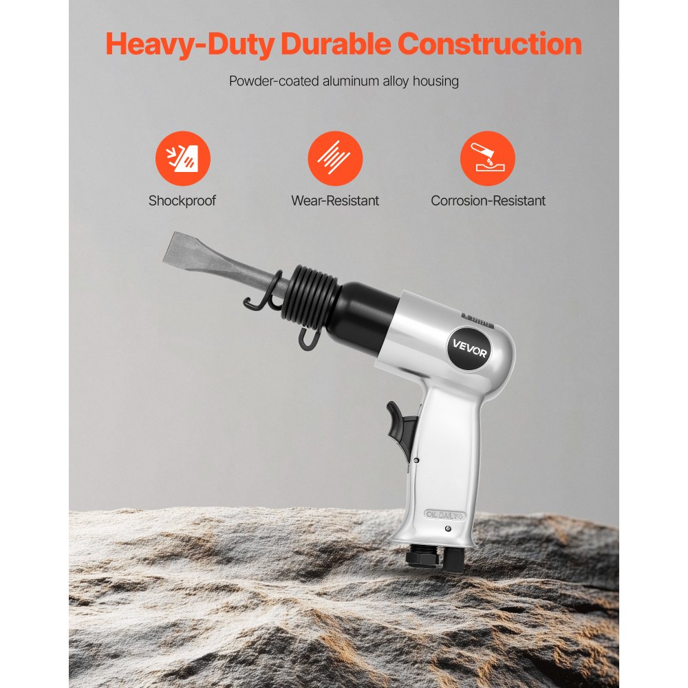VEVOR Druckluft Meißelhammer, 4500 BPM Pneumatischer Hammer mit 40 mm Hub & 4 Meißeln mit rundem Schaft, leichtes & kompaktes Schaufelwerkzeug mit Luftmeißel zum Schneiden, Stanzen, Schaben