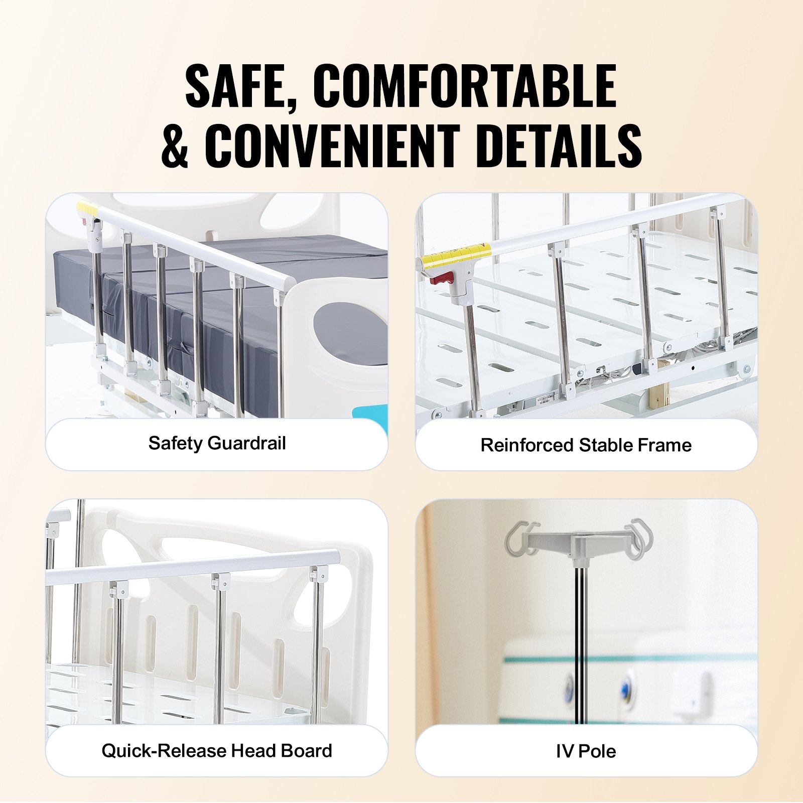 VEVOR Premium vollelektrisches Krankenhausbett mit 3 Funktionen, elektrisches medizinisches Intensivbett mit Matratze und Infusionsständer, Handsteuerung und 5-Zoll-Feststellrollen für den Einsatz im Heimkrankenhaus, 200 kg Tragkraft