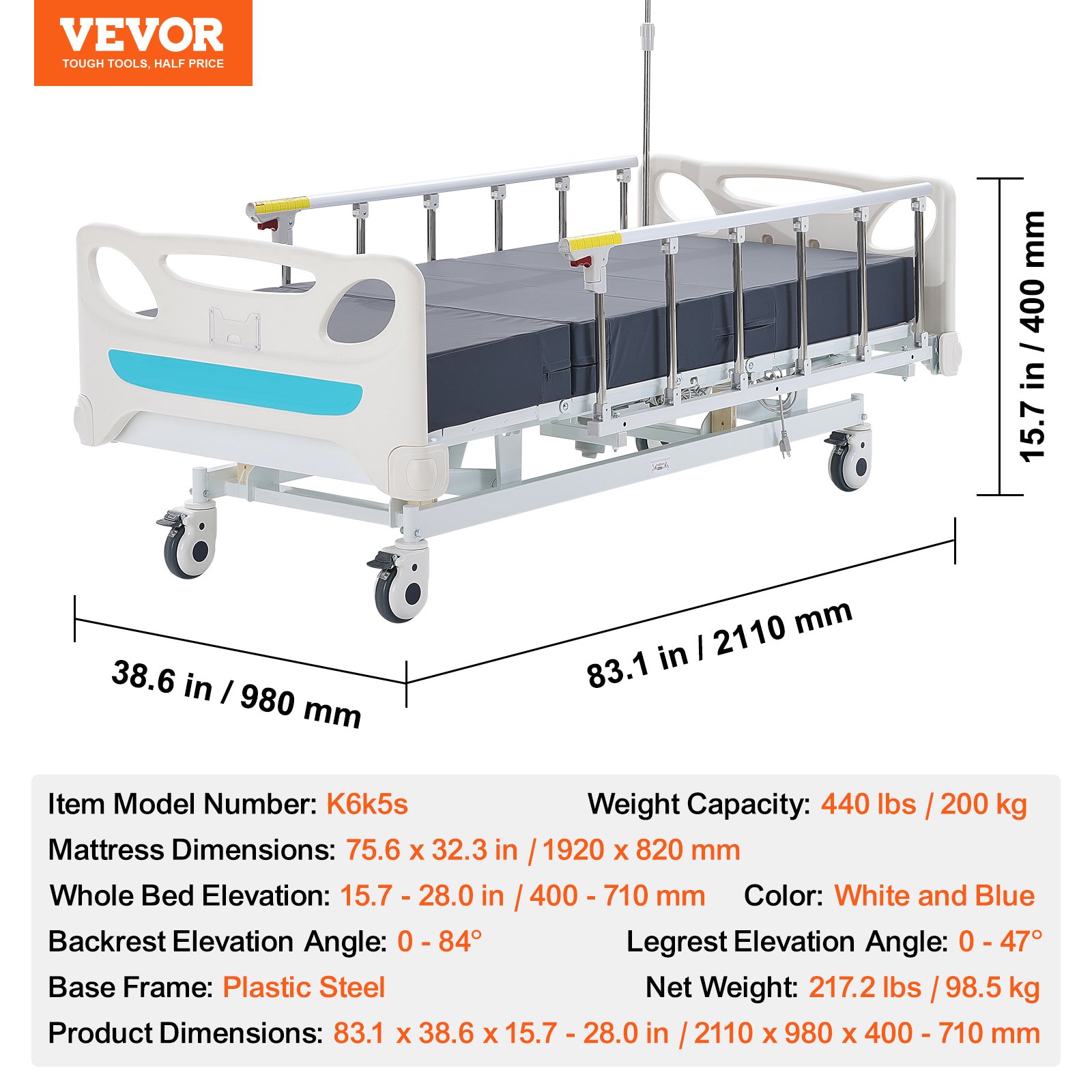 VEVOR Premium vollelektrisches Krankenhausbett mit 3 Funktionen, elektrisches medizinisches Intensivbett mit Matratze und Infusionsständer, Handsteuerung und 5-Zoll-Feststellrollen für den Einsatz im Heimkrankenhaus, 200 kg Tragkraft