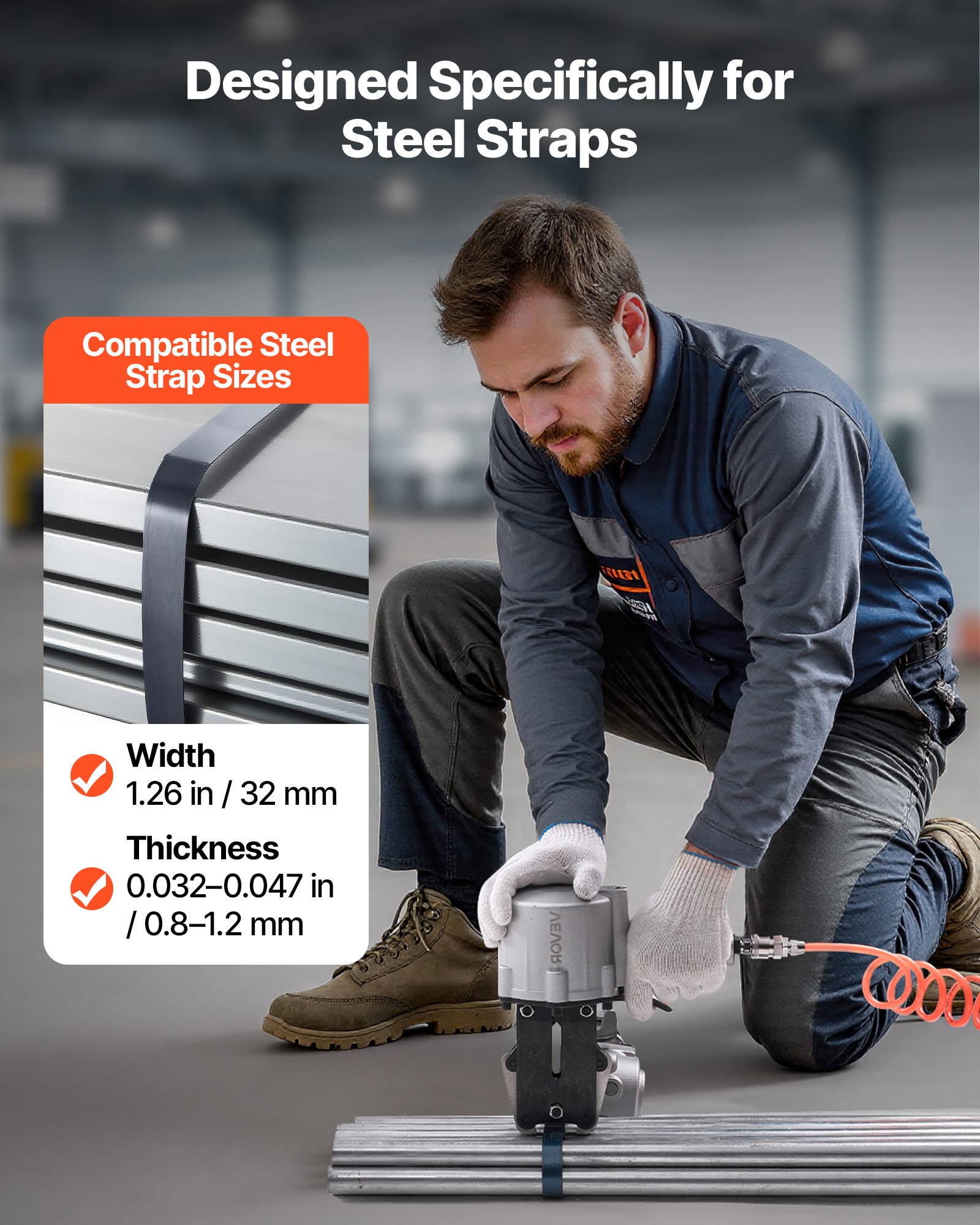 VEVOR Pneumatische Umreifungsmaschine, 8500 N Spannkraft, Metall-Umreifungswerkzeug, Spanner & Schneide-/Versiegelungsgerät für 32 mm breite Metallbänder, Spaltballenpresse für Verpackungen