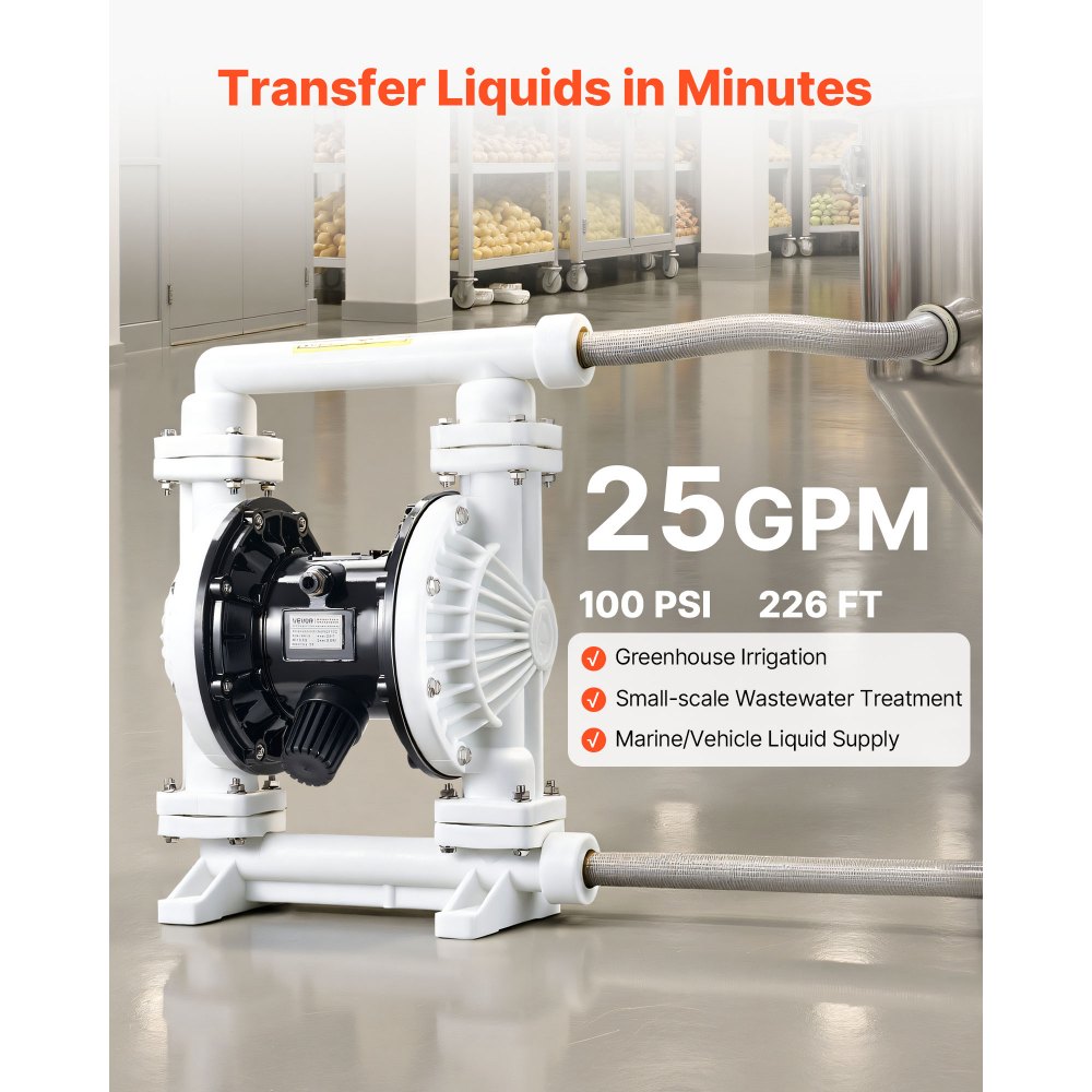 VEVOR Druckluft-Doppelmembranpumpe, 95 L/min, 25,4 mm Einlass & Auslass, pneumatische Altöl-Transferpumpe, max. 100 PSI, Polypropylengehäuse, luftbetrieben für Diesel, Fett, Kerosin, Benzin & Öl