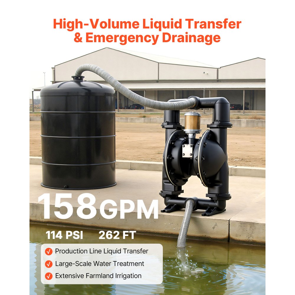 VEVOR Druckluftbetriebene Doppelmembranpumpe, 598 L/min, 79,86 m Förderhöhe, pneumatische Altöl-Transferpumpe, max. 114 PSI, Gehäuse aus Aluminiumlegierung, für Diesel, Fett, Kerosin, Benzin