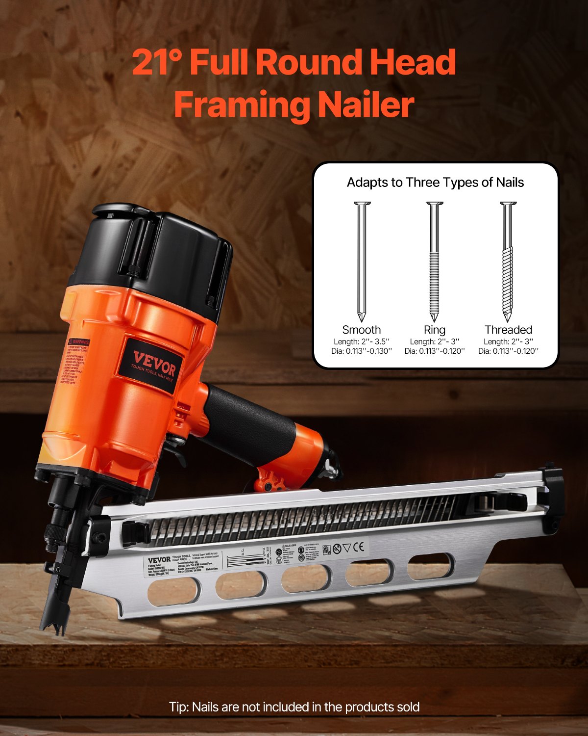 VEVOR Pneumatic Nailer, 50 to 90 mm, 21 Degree Round Head, Pneumatic Nail Gun with Two Trigger Modes & Depth Adjustment, 80-120 PSI Pro Pneumatic Nailer for Frames, Flooring & Decking