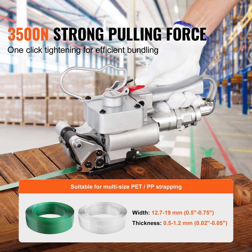 VEVOR pneumatisches Umreifungsgerät, für 1/2"-3/4" PP- und PET-Kunststoffbänder, Verpackungs-Umreifungsmaschine, Handballenpresse, automatische Verpackungsmaschine mit 3500 N max. Spannung, tragbares Umreifungsset