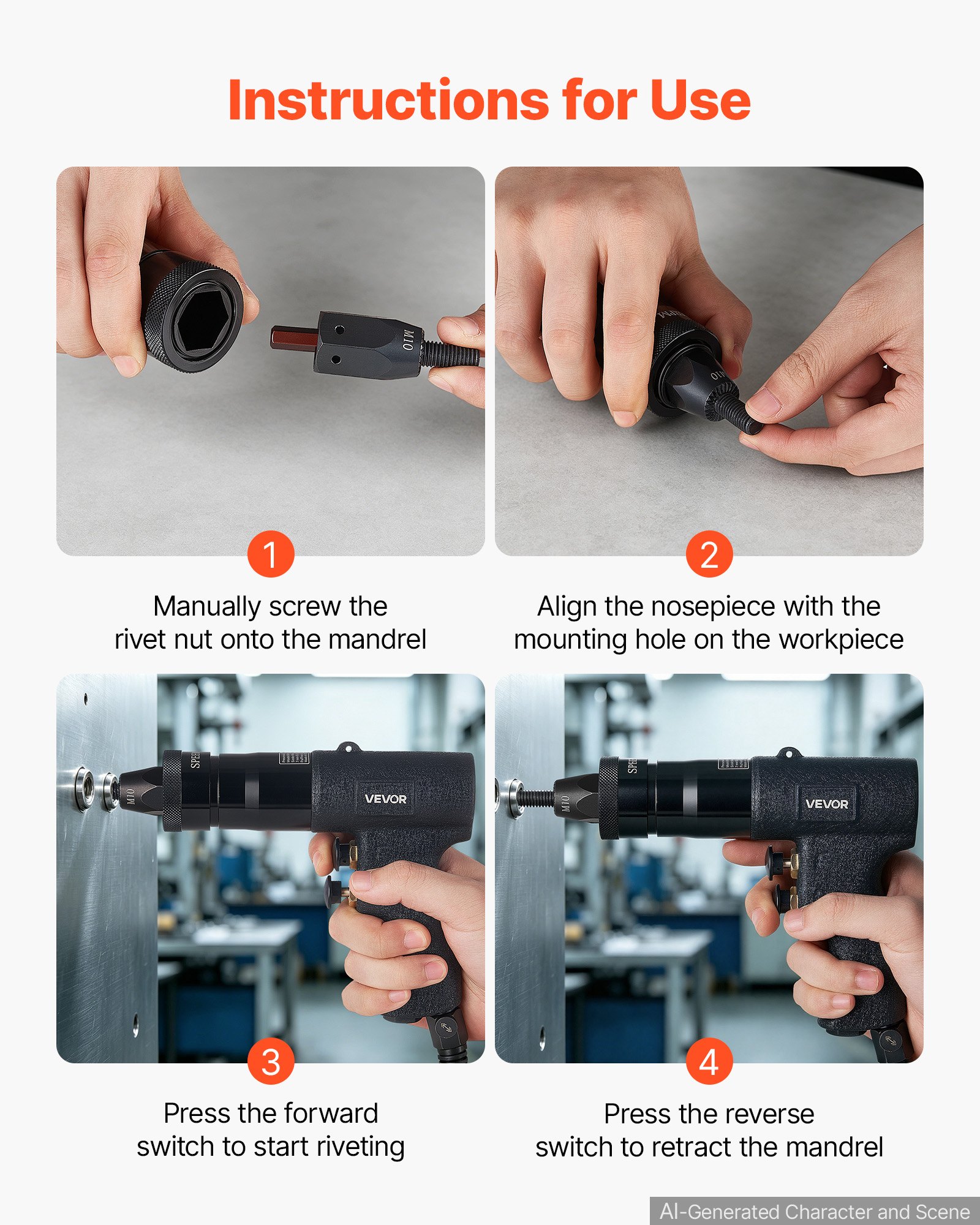 VEVOR Druckluft Nietmutternzange Set mit Metrischen Kopfstück M5 M6 M8 M10, Luftdruck-Nietpistole-Satz für Automobil Industrie Heimwerkerprojekte, 1134kg Zugkraft, Vor- & Rückwärts, Mit 20 Mandrels