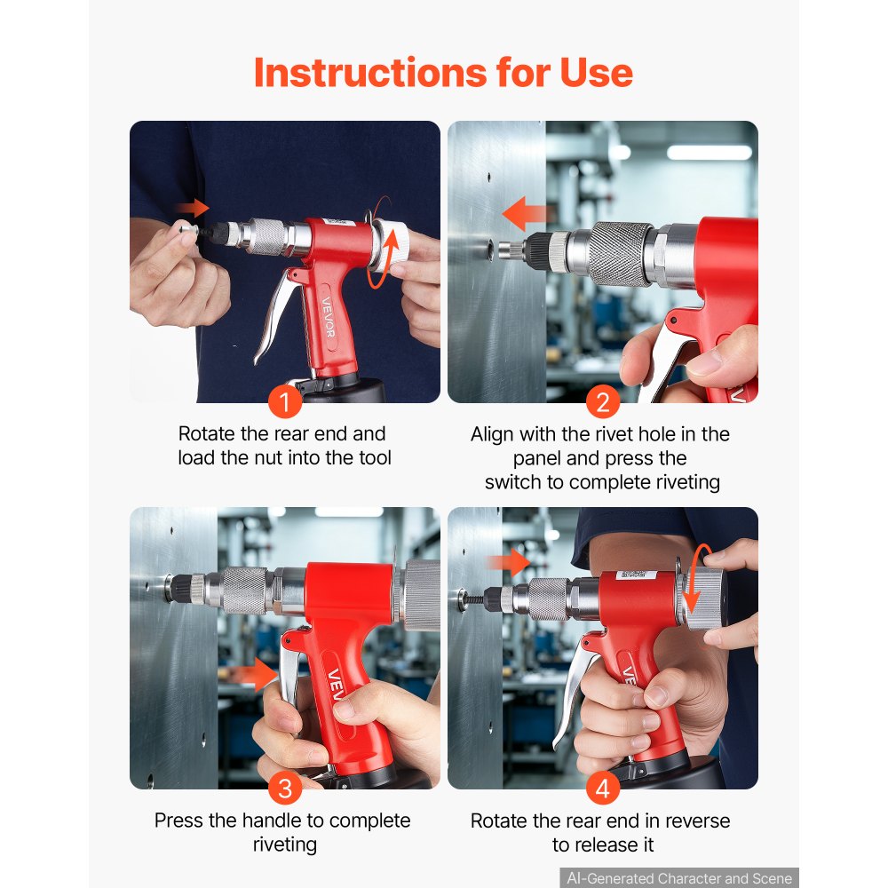 VEVOR Druckluft Nietmutternzange Set mit 3 SAE- & 5 Metrischen Kopfstück, Pneumatische Blindnietzange Set für Automobil Industrie Heimwerkerprojekt, 1215kg Zugkraft, M4 M5 M6 M8 M10 1/4 5/16 3/8 Zoll