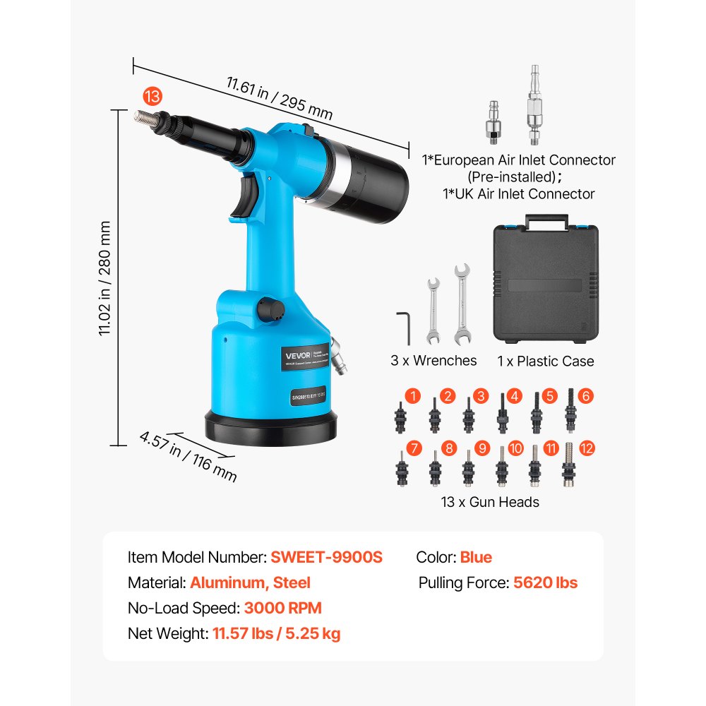 VEVOR Druckluft Nietmutternzange Set mit 6 SAE- & 7 Metrischen Kopfstück, Pneumatische Blindnietzange Set für Automobil Industrie Heimwerkerprojekte, 2,5t Zugkraft, Max. 3000 U/min, Mit Tragkiste