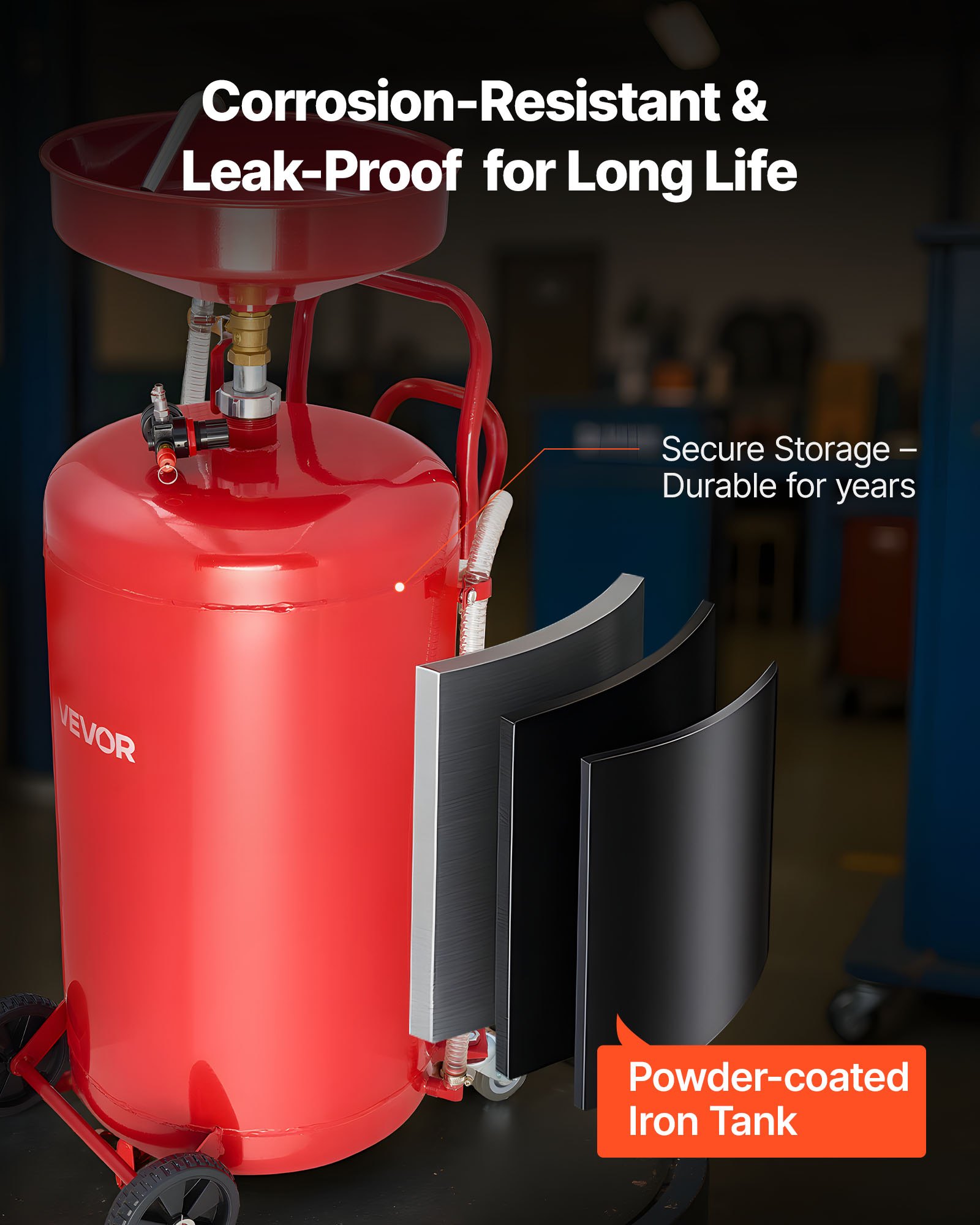 VEVOR 95L Waste Oil Drain Tank, Air Operated Portable Oil Drainer with Adjustable Funnel Height, Industrial Fluid Drain Tank with Wheels, Fluid Fuel Transfer Drainage for Auto Repair Shops, Red