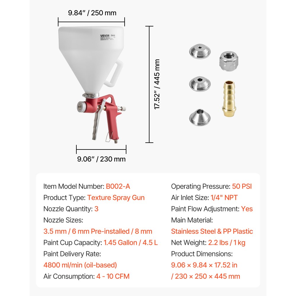 VEVOR Air Texture Spray Gun, 4.5L Air Hopper Spray Gun, Professional Drywall Texture Painting Sprayer with 3 Nozzles (3.5mm, 6mm, 8mm) for Popcorn, Knockdown, Orange Peel Textures