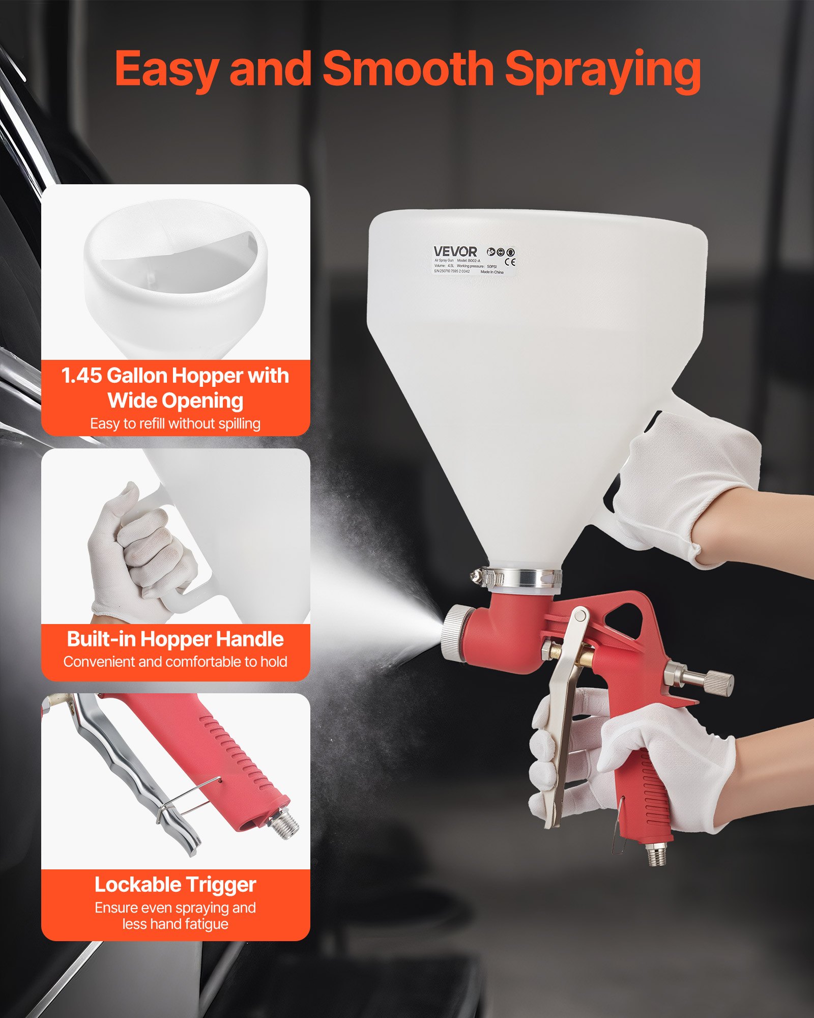 VEVOR Lackierpistole, 4,5 L Spritzpistole, professionelles Trockenbau-Struktur-Farbsprüh-Set, Farbspritzgerät mit 3 Düsen (3,5 mm, 6 mm, 8 mm) für Popcorn-, Knockdown- und Orangenhaut-Texturen