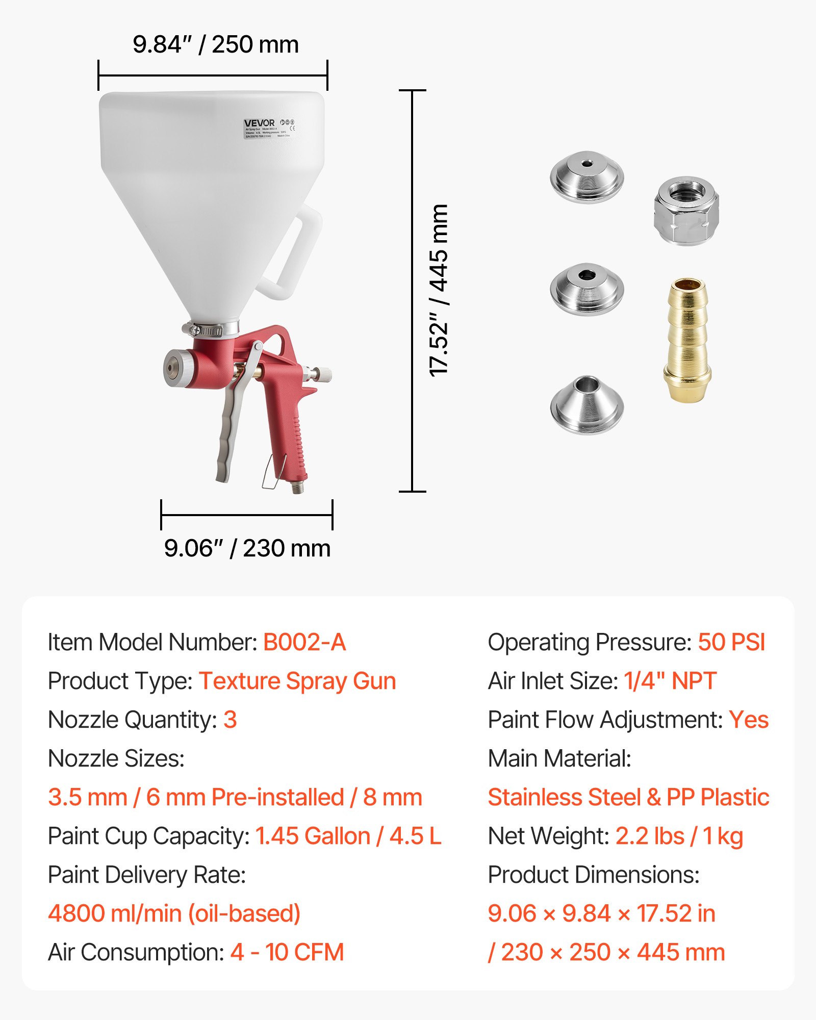 VEVOR Lackierpistole, 4,5 L Spritzpistole, professionelles Trockenbau-Struktur-Farbsprüh-Set, Farbspritzgerät mit 3 Düsen (3,5 mm, 6 mm, 8 mm) für Popcorn-, Knockdown- und Orangenhaut-Texturen