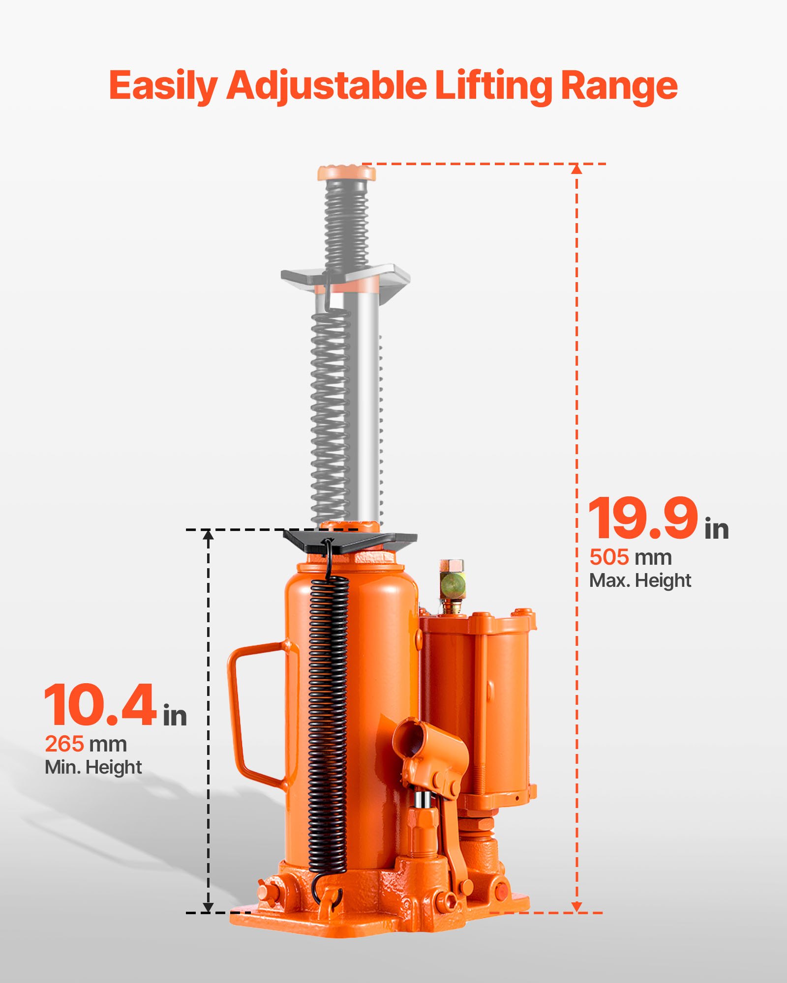 VEVOR lufthydraulischer Flaschenheber mit 12 t Tragkraft & Hubbereich 265–505 mm, pneumatisch/manuell, geschweißter Stempelwagenheber mit Pumpe für SUV Pickup Lkw PKW-Reparaturen, Orange
