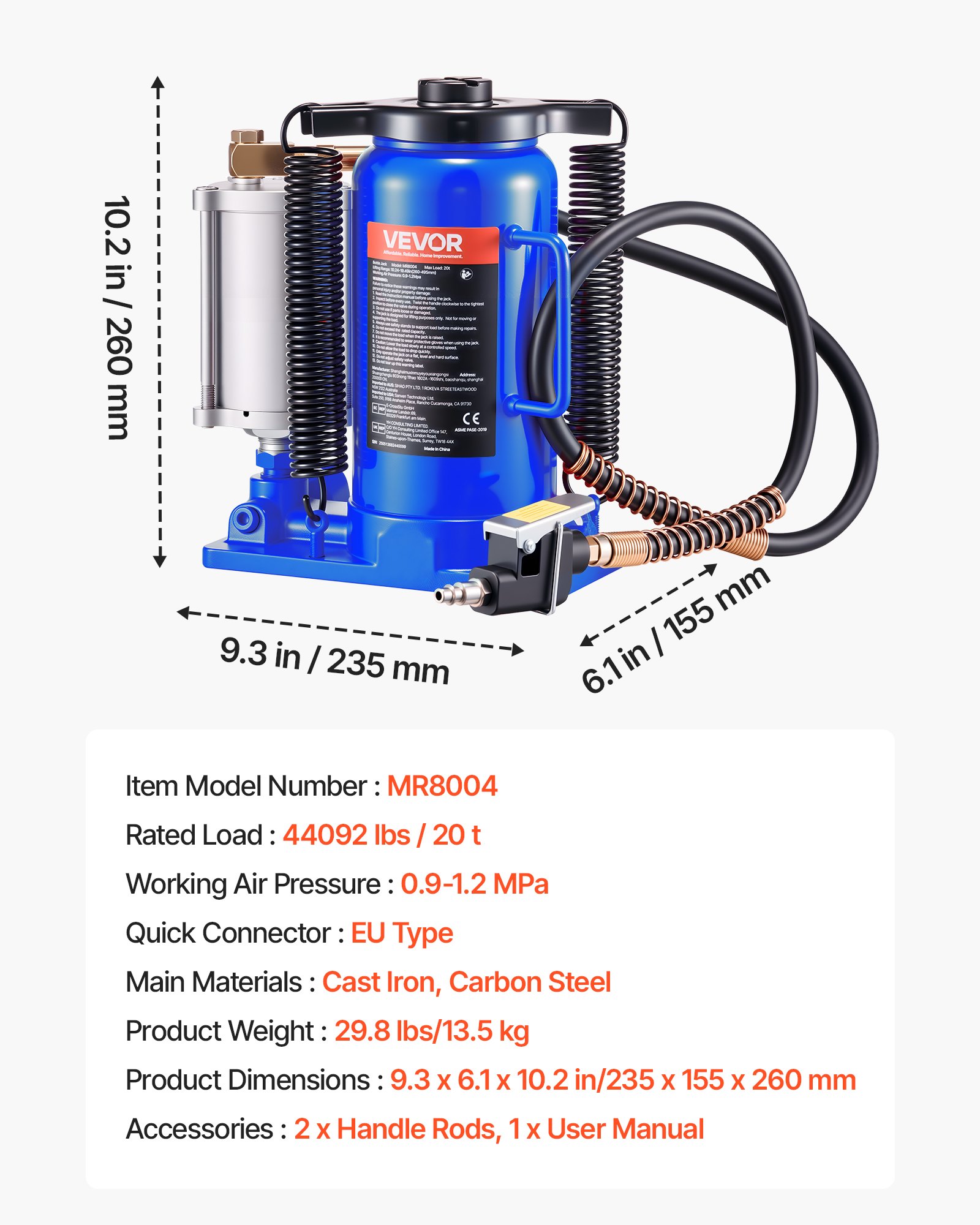 VEVOR lufthydraulischer Flaschenheber mit 20 t Kapazität, 260–495 mm Hubbereich, pneumatischer/manueller Flaschenwagenheber mit Pumpe für Auto Pickup Lkw Wohnmobil SUV Autoreparatur, Blau