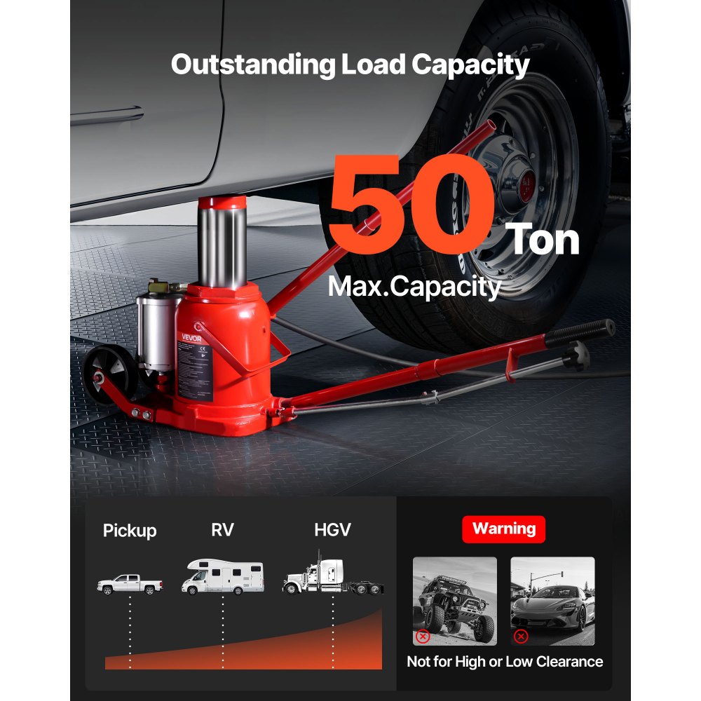 VEVOR pneumatischer Flaschenwagenhebr Wagenheber 50 t 265–410 mm Hubbereich, lufthydraulischer/manueller Stempelwagenheber Wagenheber mit Pumpe für SUV Pickup Lkw Wohnmobil Autoreparatur Rot