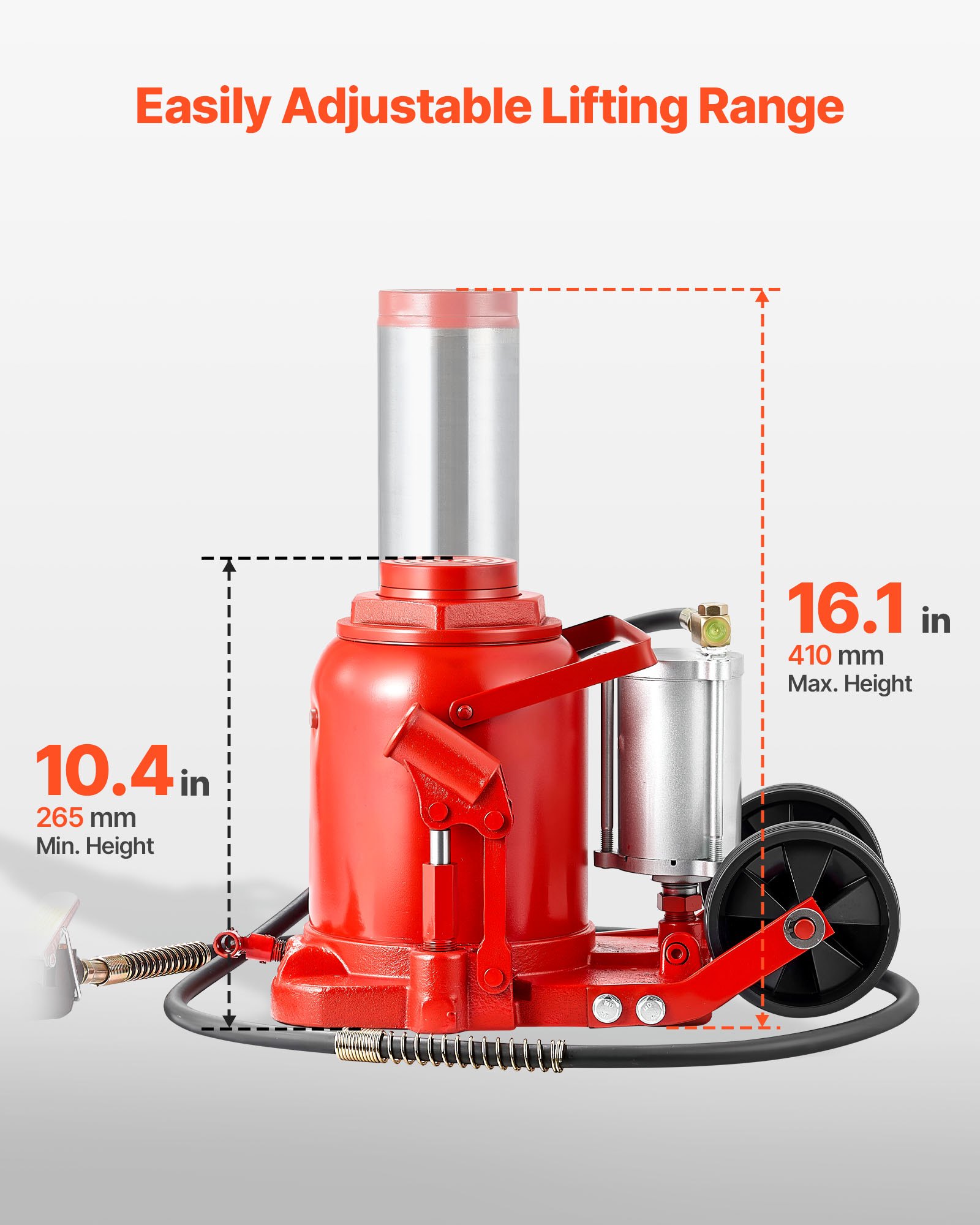 VEVOR pneumatischer Flaschenwagenhebr Wagenheber 50 t 265–410 mm Hubbereich, lufthydraulischer/manueller Stempelwagenheber Wagenheber mit Pumpe für SUV Pickup Lkw Wohnmobil Autoreparatur Rot