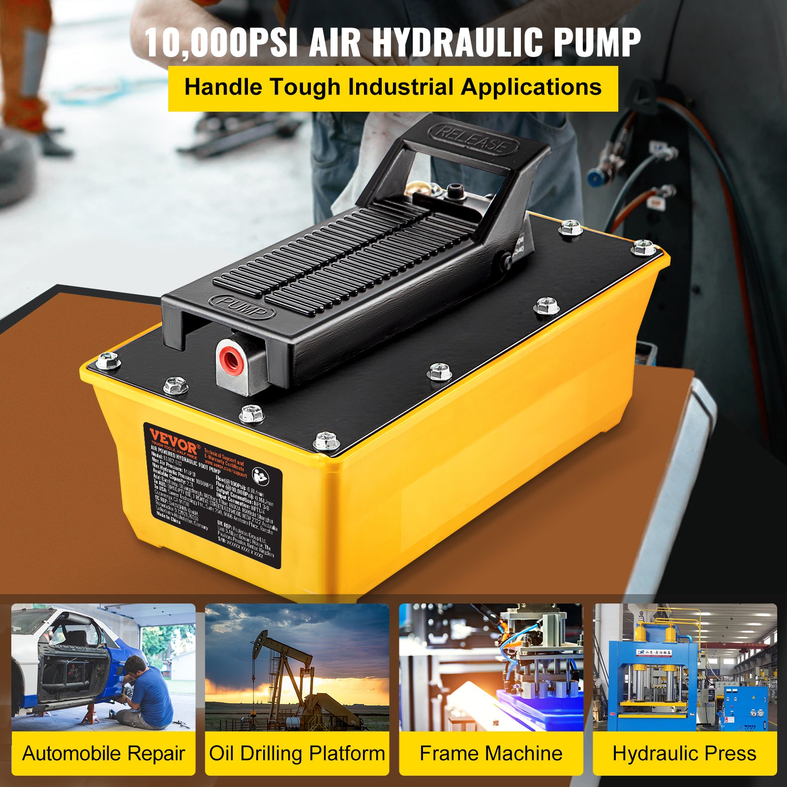 VEVOR Lufthydraulikpumpe Fußpumpe 10000 PSI, 2,3 L Hydraulikpumpe mit Schlauch und Spritzpistole, 700 kg/cm² Einstellbarer Druck und 0,7-1 Bereich für das Aufrüsten und Bewegen von schweren Maschine