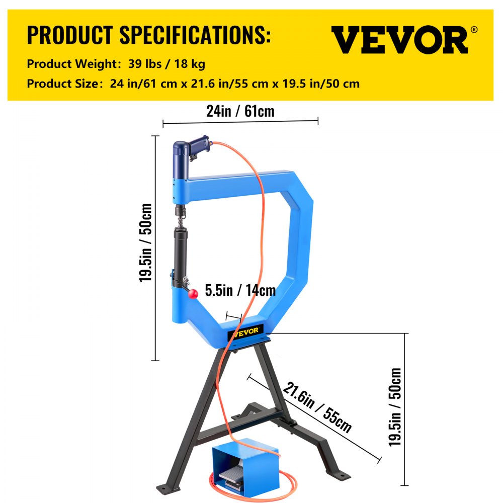 VEVOR Pneumatik Polierhammer 50 bis 100 PSI, Planierhammer, 875 bis 1350 Schläge pro Min, 78,7 Zoll/ca. 2 m Einlassrohr, 110 V/60 Hz Fußpedalbedienung, Eisenstandhalterung, Druckluft Glätthammer