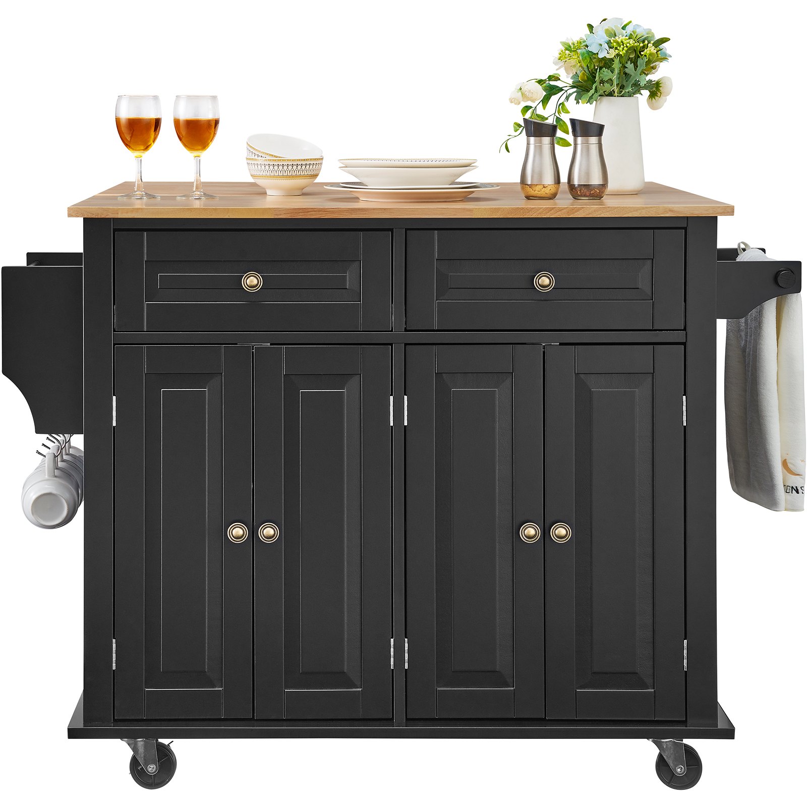 VEVOR Kücheninselwagen, 110 cm mobiler Wagen mit Holzplatte und Lagerschrank, Rolltisch mit Klappplatte, Gewürzregal, Handtuchhalter, verstellbarem Regal, Schublade und Haken, tragbare Inseln Rollbar