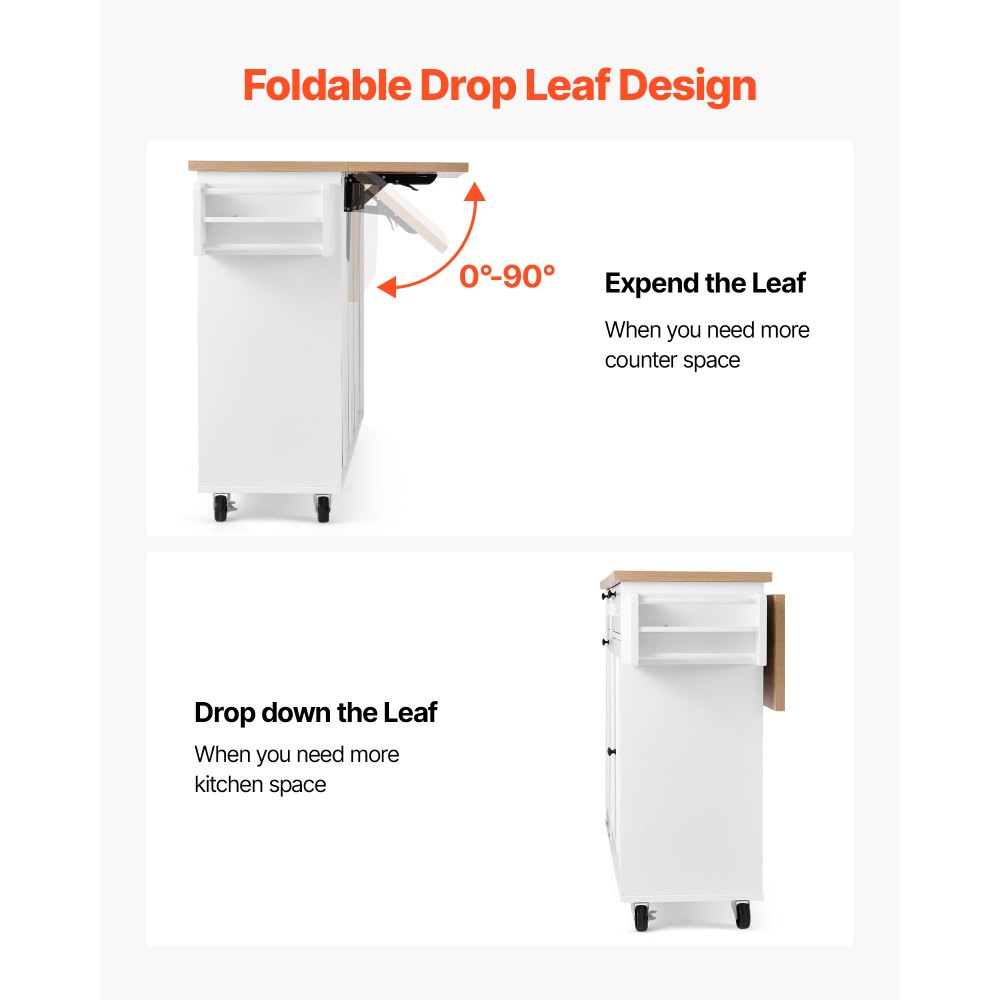 VEVOR Kitchen Island Cart with Storage, 153 cm Wide Mobile Kitchen Cart with Wheels, Drop Leaf, 2 Drawers, Trash Can Cabinet, Knife Holder, Spice Rack, and Towel Rack, Table for Dining Room, Pantry