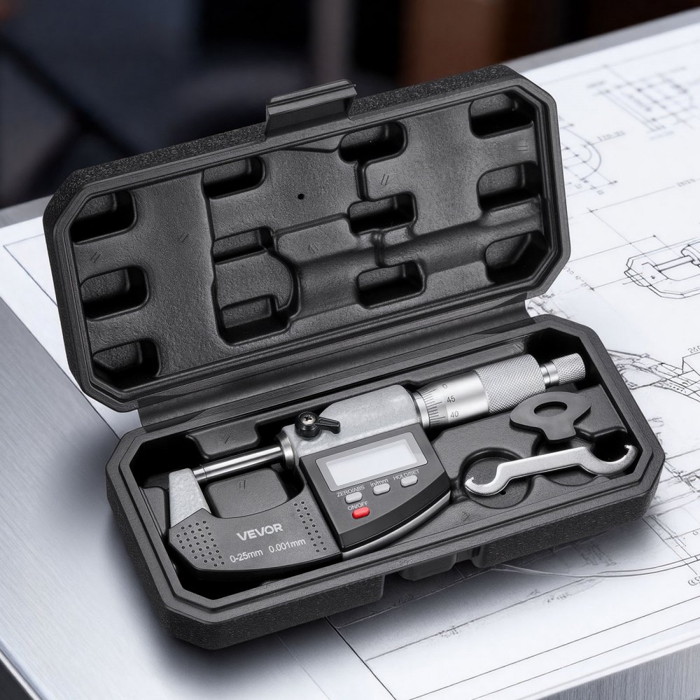 VEVOR Mikrometer, Digitale Bügelmessschraube, Messbereich 0–25,4 mm, Auflösung 0,001 mm, Höchste Präzision 0,003 mm Genauigkeit, LCD-Display, Zoll/mm-Umschaltung, Hartmetallspitze, mit Koffer