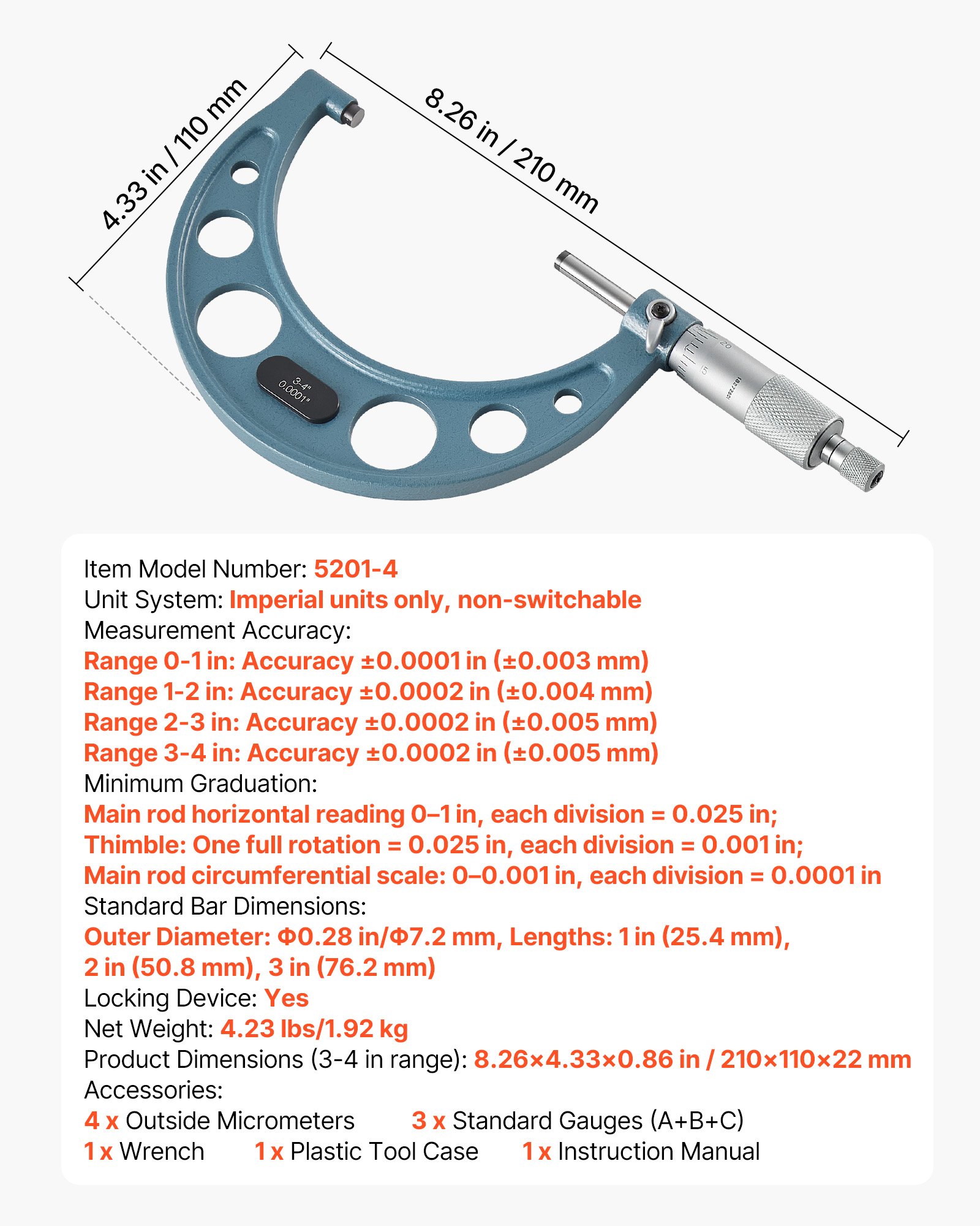 VEVOR Bügelmessschraube 4-tlg. Set, Mikrometer mit einer Messgenauigkeit von 0,0001/0,0002 Zoll, Messschraube für Metallbearbeitung & Maschinenbau mit Koffer, 0-1/1-2/2-3/3-4 Zoll