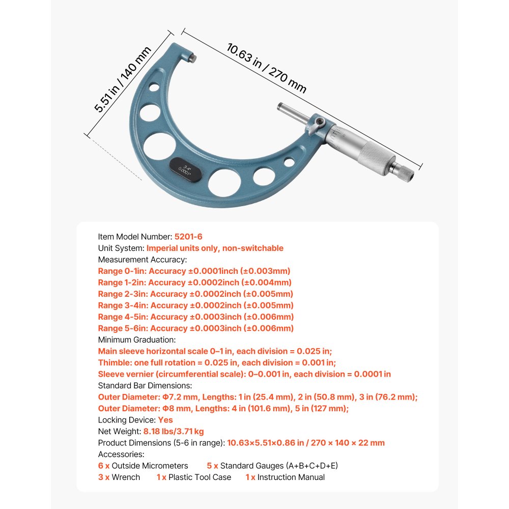 VEVOR Bügelmessschraube 4-tlg. Set, Mikrometer mit Messgenauigkeit von 0,0001/0,0002 Zoll, Messschraube für Metallbearbeitung & Maschinenbau, mit Schutzkoffer, 0-1/1-2/2-3/3-4/4-5/5-6 Zoll