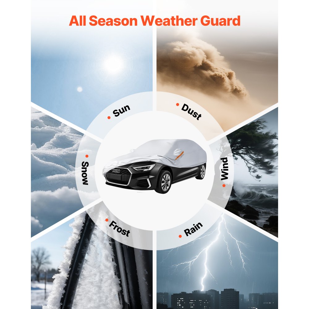 VEVOR Autoabdeckung Abdeckplane für europäische Limousinenmodelle mittlerer Größe, Allwetterschutz vor Sonne, Regen, Wind, vollständige Außenabdeckung mit Türreißverschluss & Baumwollfutter, Silber