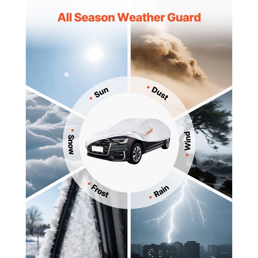 VEVOR Autoabdeckung Abdeckplane für europäische Limousinenmodelle in voller Größe, Allwetterschutz vor Sonne, Regen, Wind, vollständige Außenabdeckung mit Türreißverschluss & Baumwollfutter, Silber