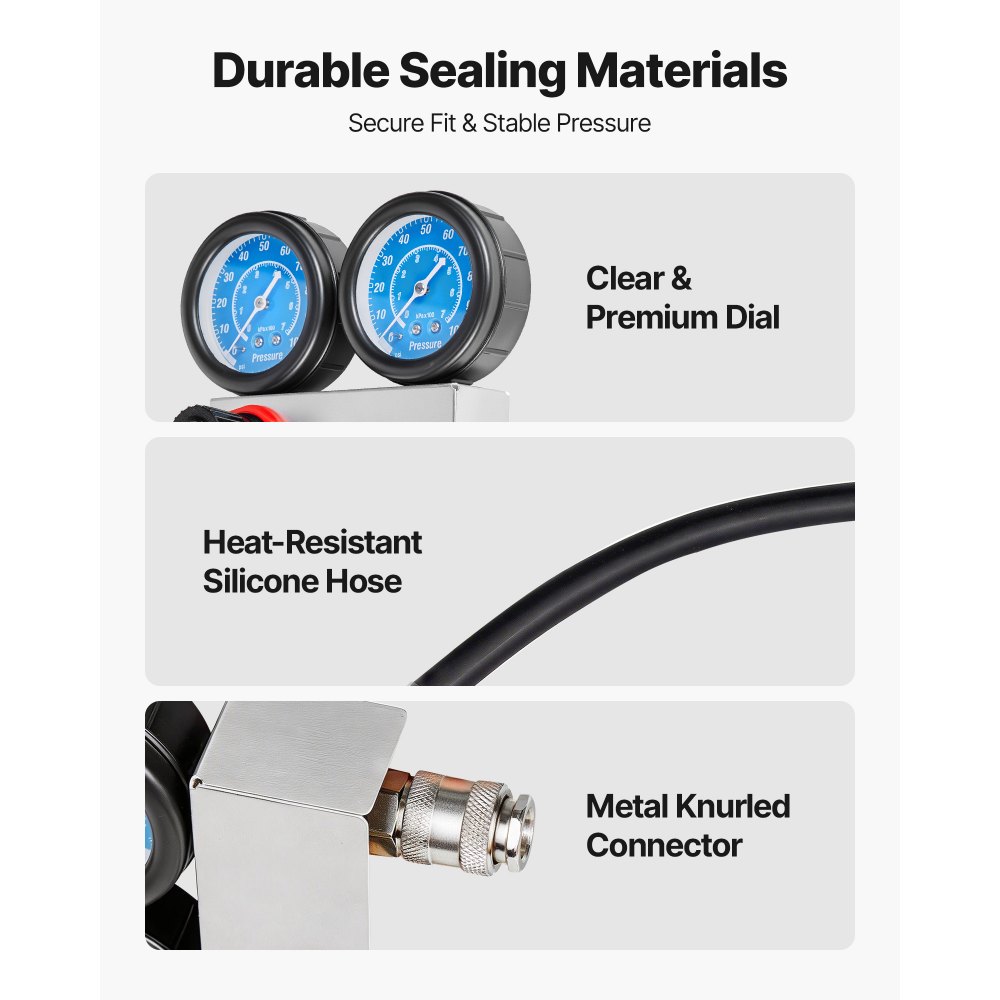 VEVOR Kfz Druckverlusttester Set 0-100 PSI Doppelmanometer Zylinder Druckprüfgerät Kompressionstester inkl 4 Adapter und Luftanschlüsse Leckratenmessgerät für Auto und Motorrad Leckratenmessung
