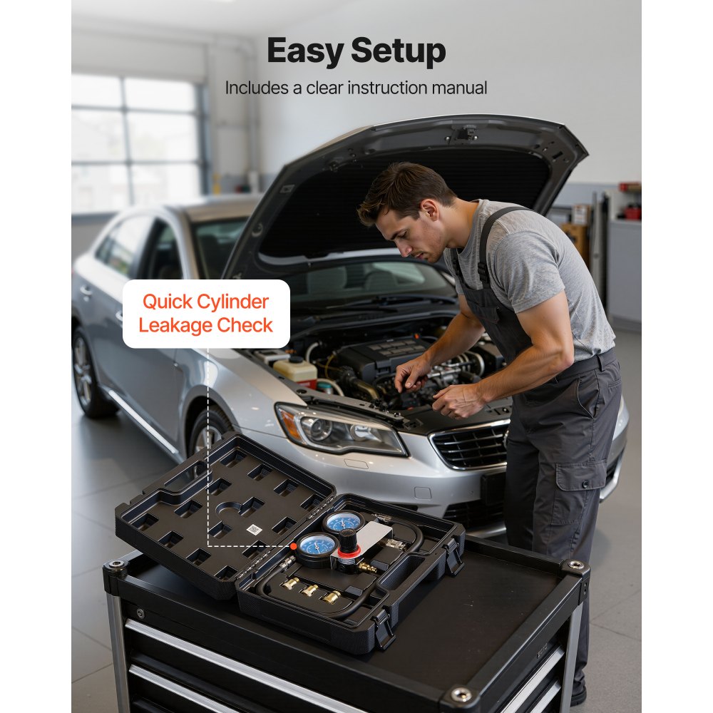 VEVOR Kfz Druckverlusttester Set 0-100 PSI Doppelmanometer Zylinder Druckprüfgerät Kompressionstester inkl 4 Adapter und Luftanschlüsse Leckratenmessgerät für Auto und Motorrad Leckratenmessung