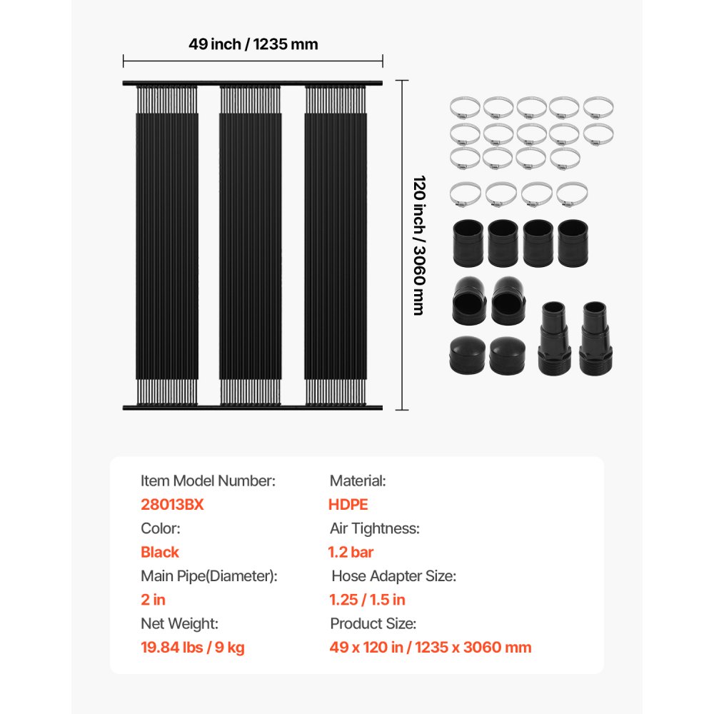 VEVOR Solarkollektor Poolheizung, 1235x3060 mm HDPE-Poolheizsystem, Solarheizung mit komplettem Zubehör, universelles Solarpanel, Wärmeplane für oberirdische & unterirdische Pools
