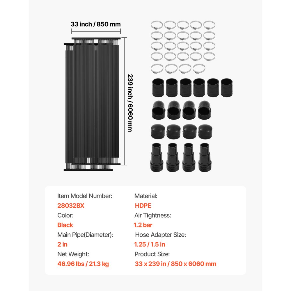 VEVOR Solar-Poolheizung, 2,75 x 20 Fuß HDPE-Solar-Poolpanel (2 Stück) – langlebig und wetterfest, mit komplettem Zubehör, universelles Solar-Poolpanel – erhöht die Wassertemperatur, für oberirdische und unterirdische Pools