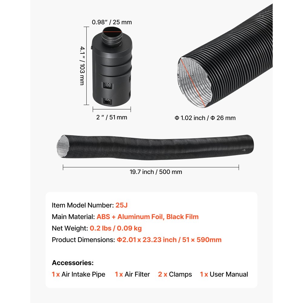 VEVOR Diesel Heater Intake Pipe Kit, 25mm Car Air Parking Heater Ducting Pipe Hose Tube, Stretchable & Bendable Car Air Intake Filter Silencer Hose Pipes Kit with Clamps for 2KW 5KW 8KW Diesel Heaters