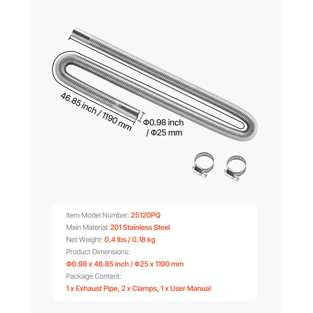 VEVOR Exhaust Hose, 1200mm Diesel Heater Flexible Exhaust Pipe, Stainless Steel Exhausts Hose with 2 Hose Clamps, Exhausts Hoses Kit Diesel Heater Accessories for 2KW 5KW 8KW Diesels Heaters
