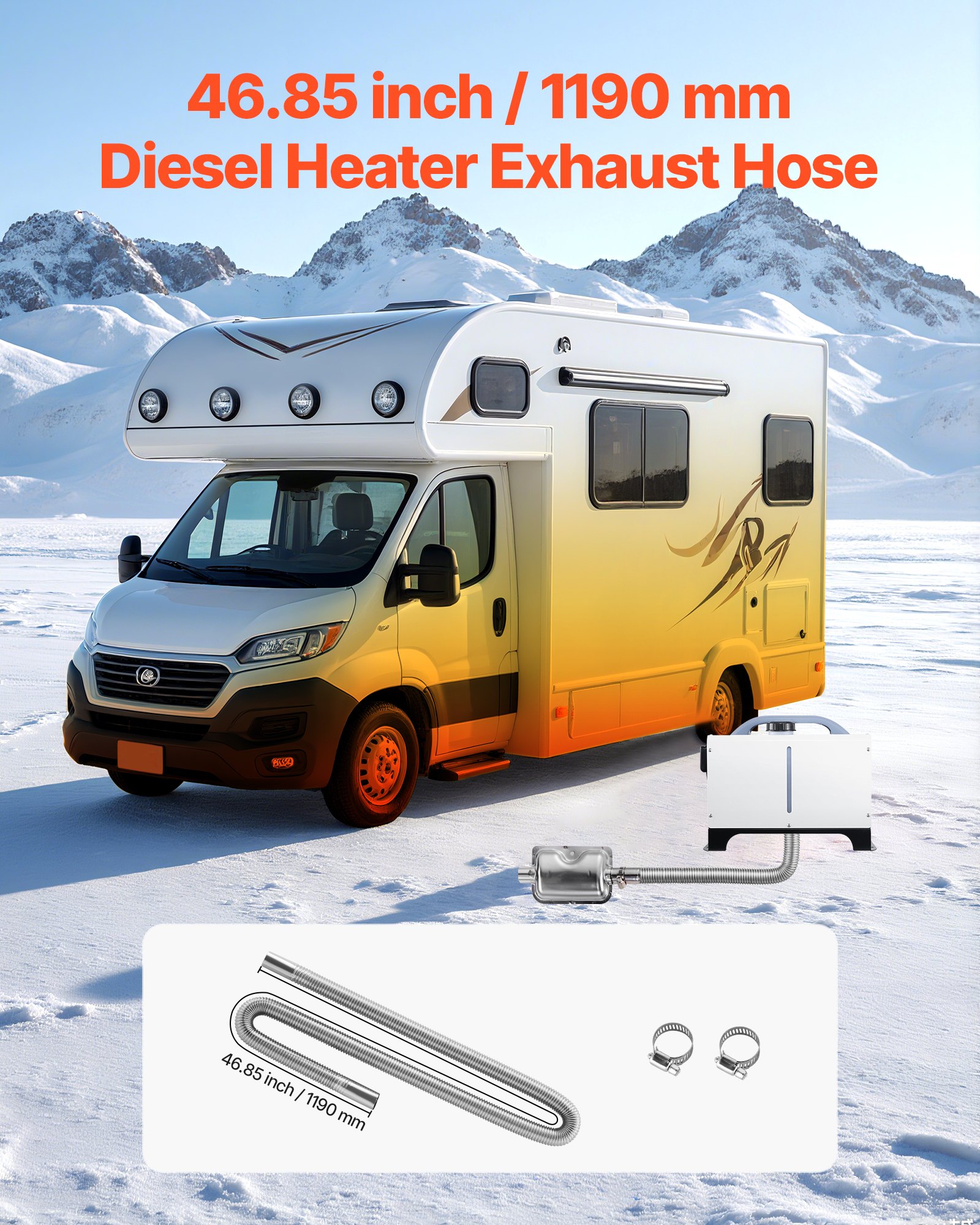 VEVOR Abgasrohr Standheizung flexibler Abgasschlauch 119 cm für Auto-Dieselheizung mit 2 Klemmen, Edelstahl Auspuffrohr mit Φ 25 mm Querschnitt für 2 kW / 5 kW / 8 kW Dieselheizungen Lufterhitzer