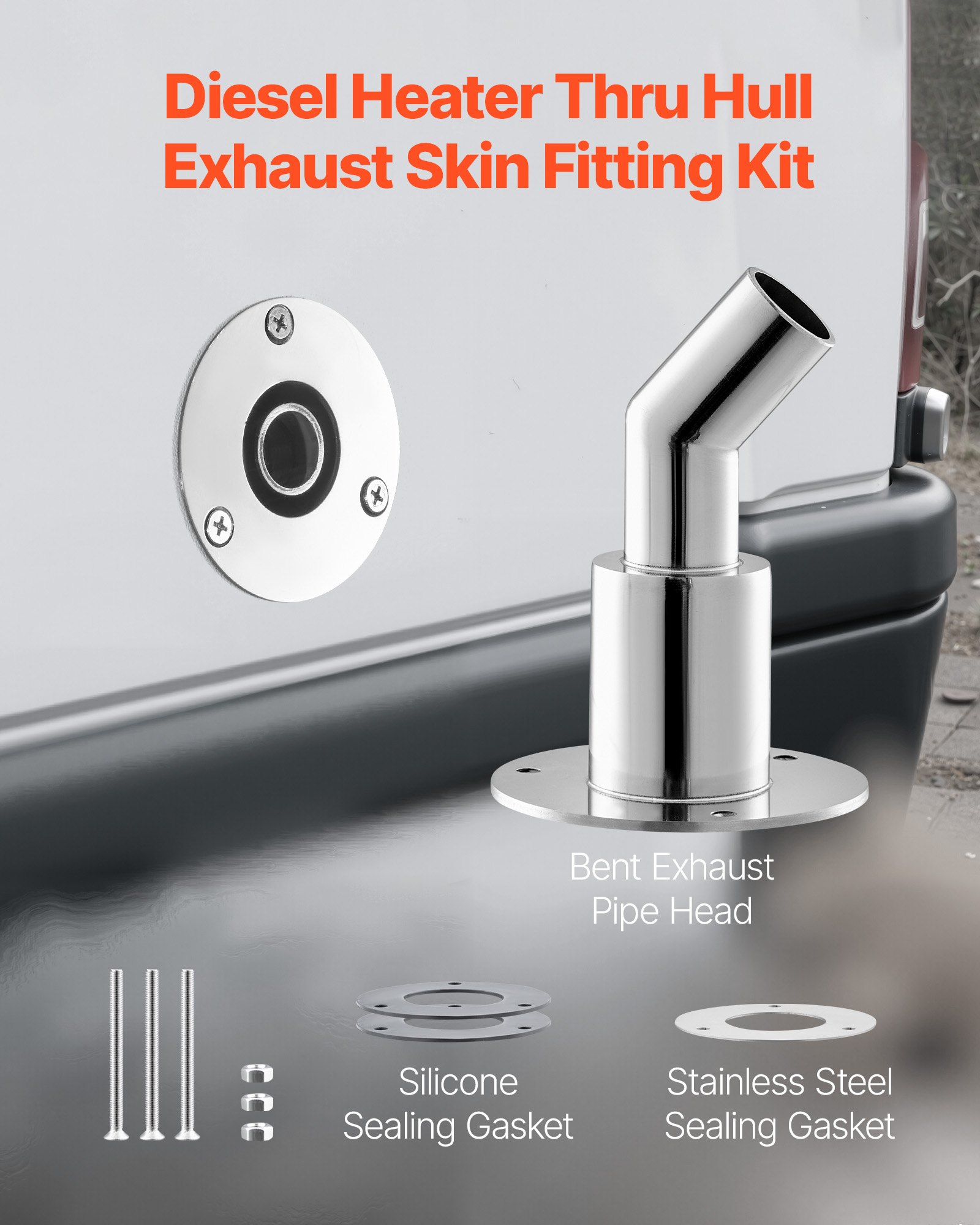 VEVOR Durch Rumpf Auspuff Hautanpassung, 24 mm Dieselheizung Standheizung Auspuffverkleidung mit Schrauben & Muttern & Dichtung, Rumpfauspuffrohr-Stutzenersatz Edelstahl 316 Silber