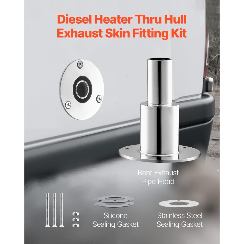 VEVOR Durch Rumpf Auspuff Hautanpassung (24 mm), Schiffsauspuff Rohrauspuff gerades Auspuff-Set mit Schrauben & Muttern & Dichtung für Dieselheizungen Standheizungen, Edelstahl 316 Silber