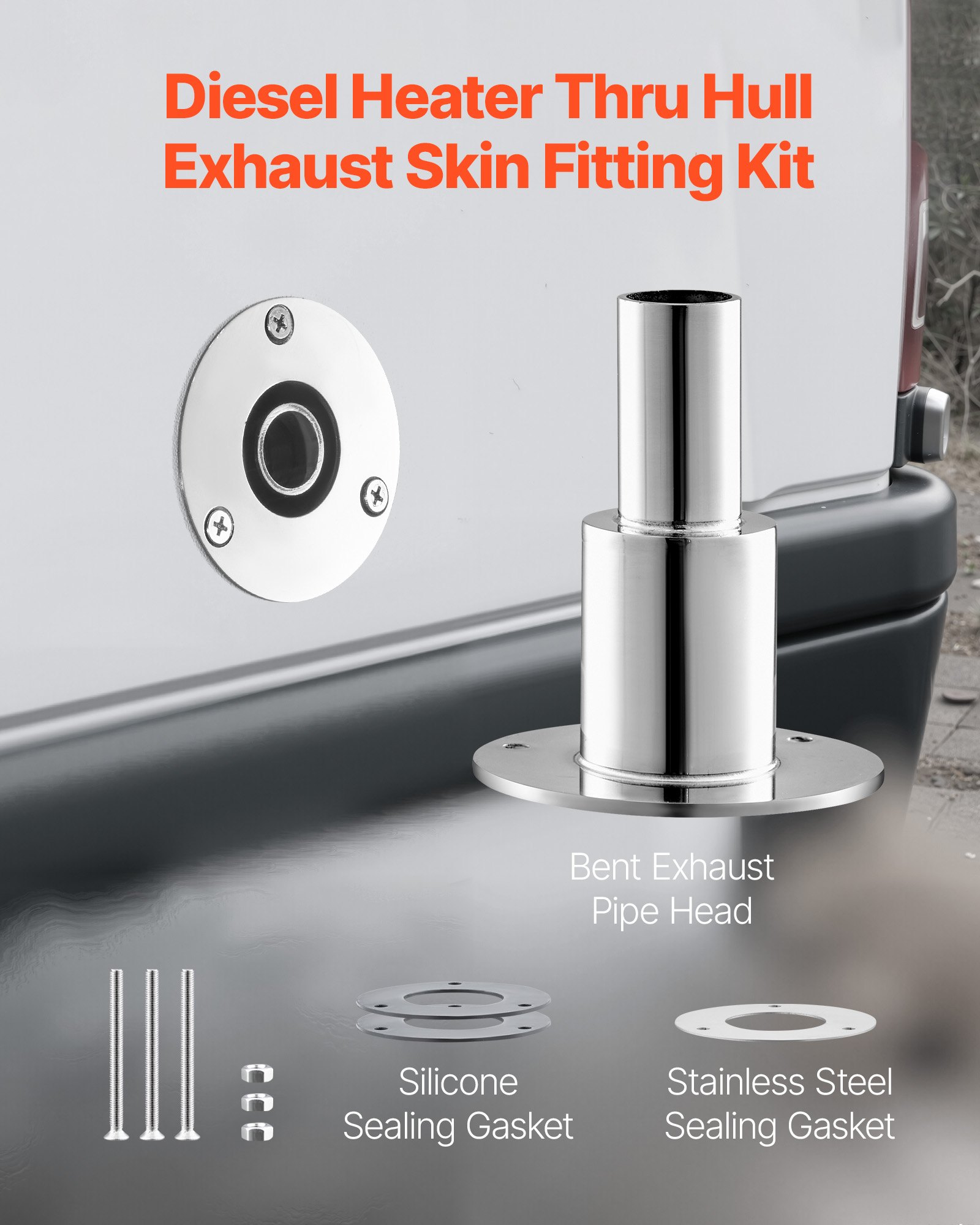 VEVOR Durch Rumpf Auspuff Hautanpassung (24 mm), Schiffsauspuff Rohrauspuff gerades Auspuff-Set mit Schrauben & Muttern & Dichtung für Dieselheizungen Standheizungen, Edelstahl 316 Silber