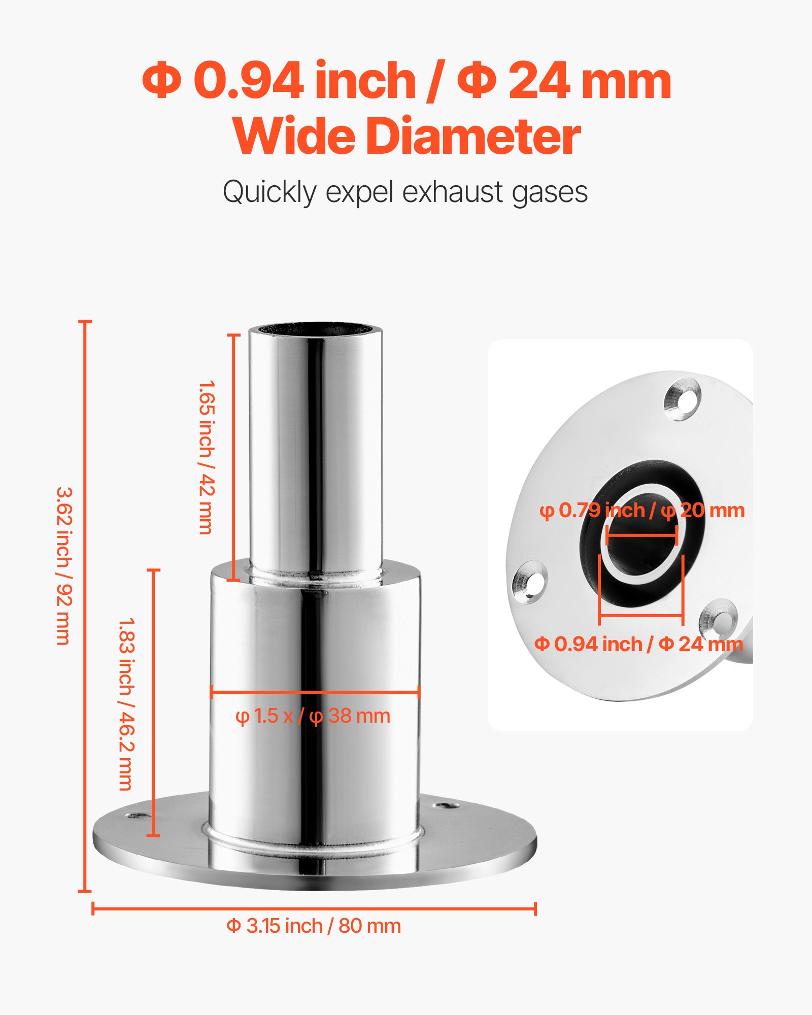 VEVOR Durch Rumpf Auspuff Hautanpassung (24 mm), Schiffsauspuff Rohrauspuff gerades Auspuff-Set mit Schrauben & Muttern & Dichtung für Dieselheizungen Standheizungen, Edelstahl 316 Silber