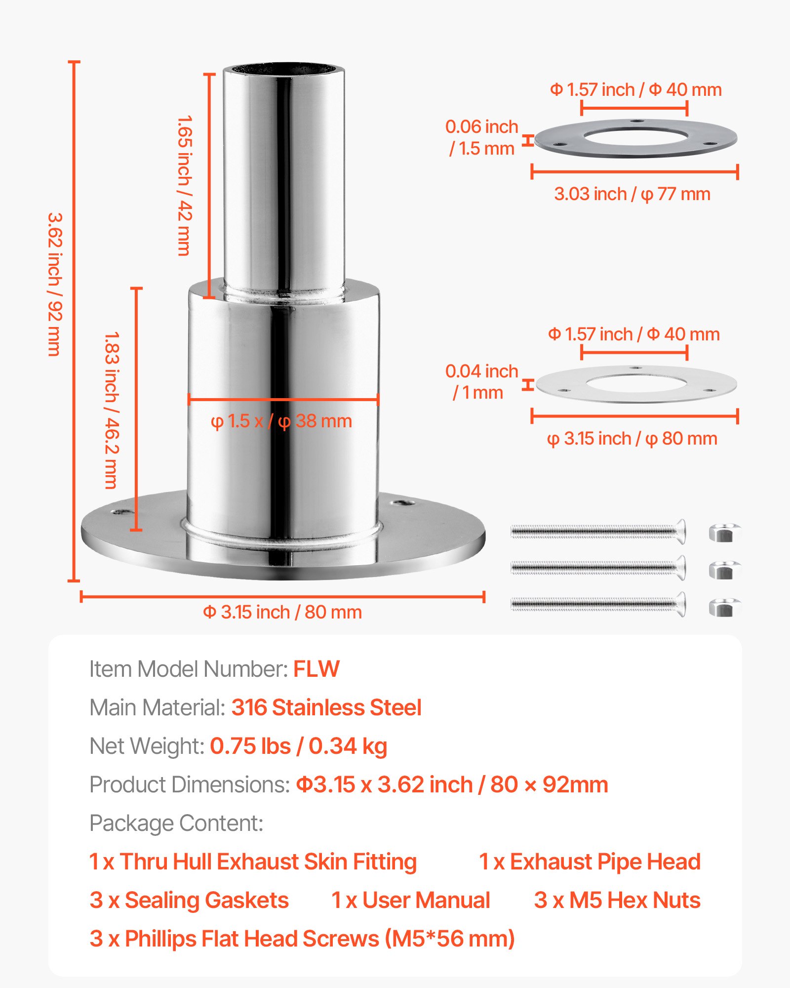 VEVOR Thru Hull Exhaust Skin Fitting, 24mm Diesel Heater Exhaust Skin Fitting, Straight Thru Hull Exhausts Skins Fits Kit with Screws, Nuts & Gasket for 2KW 5KW 8KW Diesel Heaters, 316 Stainless Steel