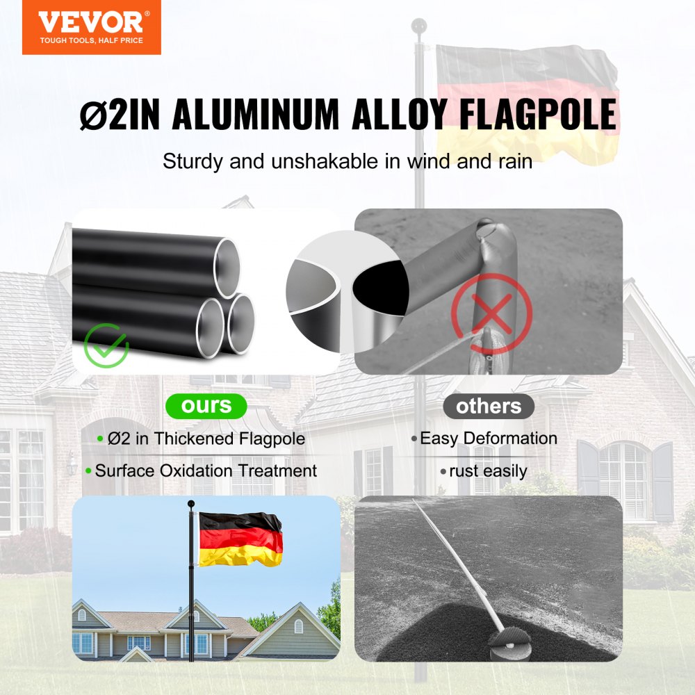 VEVOR 20ft Teleskop-Fahnenmast-Set, robustes Fahnenmast-Set aus Aluminiumlegierung im Boden für draußen, 3 Anzeigemodi Fahnenmast mit professionellem Zubehör, deutsche Flagge, schwarz