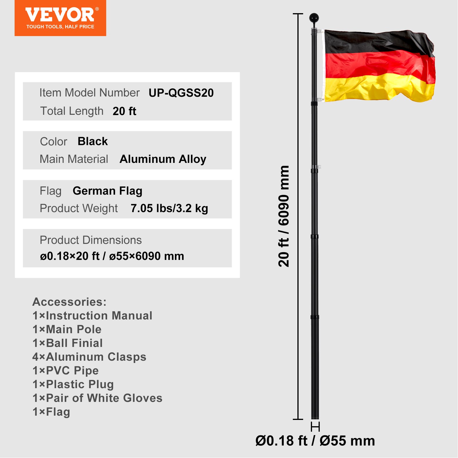 VEVOR 20ft Teleskop-Fahnenmast-Set, robustes Fahnenmast-Set aus Aluminiumlegierung im Boden für draußen, 3 Anzeigemodi Fahnenmast mit professionellem Zubehör, deutsche Flagge, schwarz