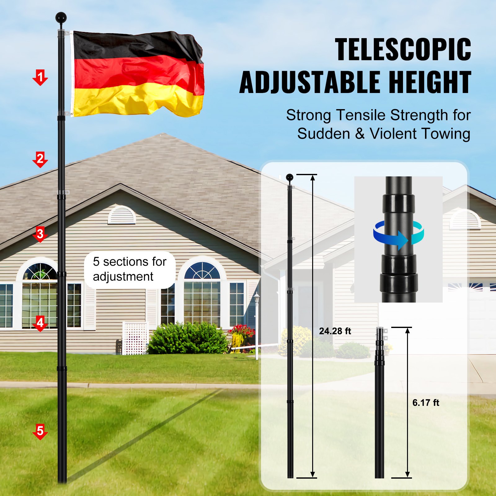 VEVOR 25ft Teleskop-Fahnenmast-Set, robustes Fahnenmast-Set aus Aluminiumlegierung im Boden für draußen, 3 Anzeigemodi Fahnenmast mit professionellem Zubehör, deutsche Flagge, schwarz