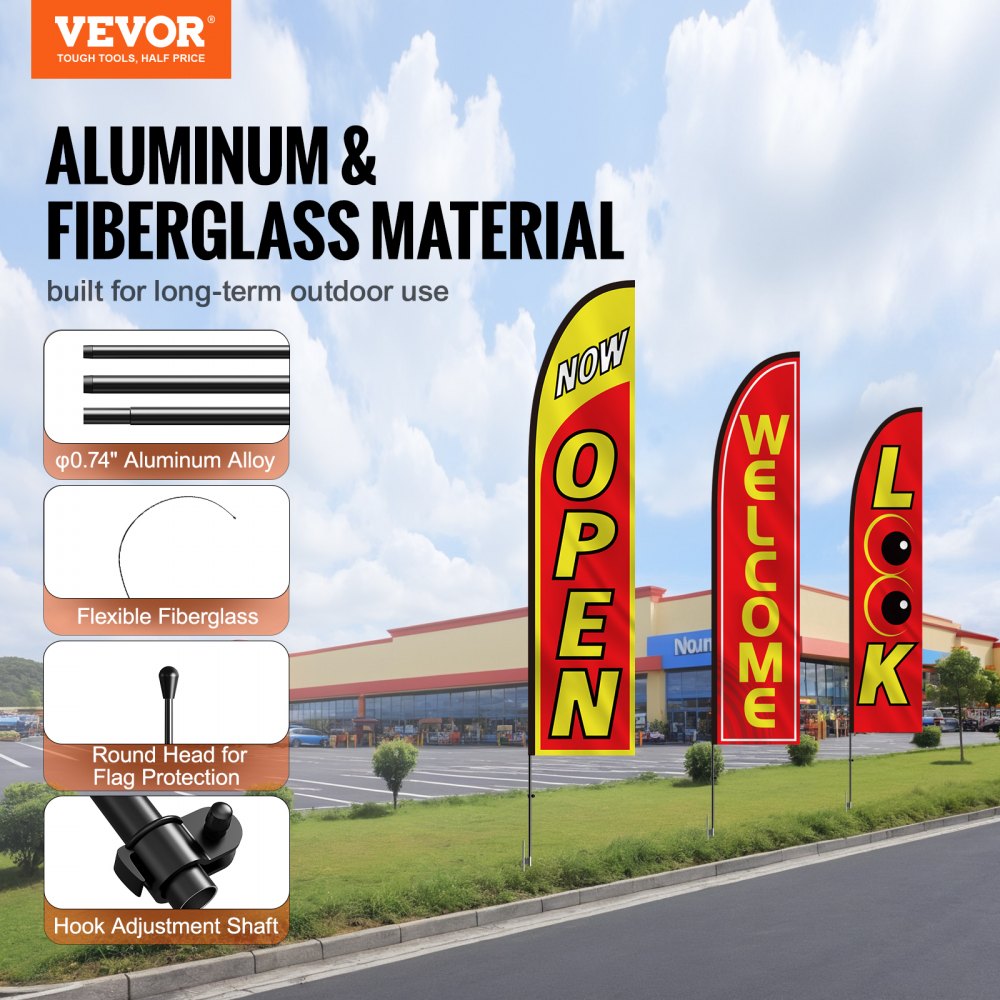 VEVOR Open Flags with Mast Set, Outdoor Advertising Flags for Businesses, Advertising Feather Flag Set, 3 Flags (Open, Look, Welcome), 3 Masts, 3 Ground Stakes, Swooper Flags for Businesses 5 m