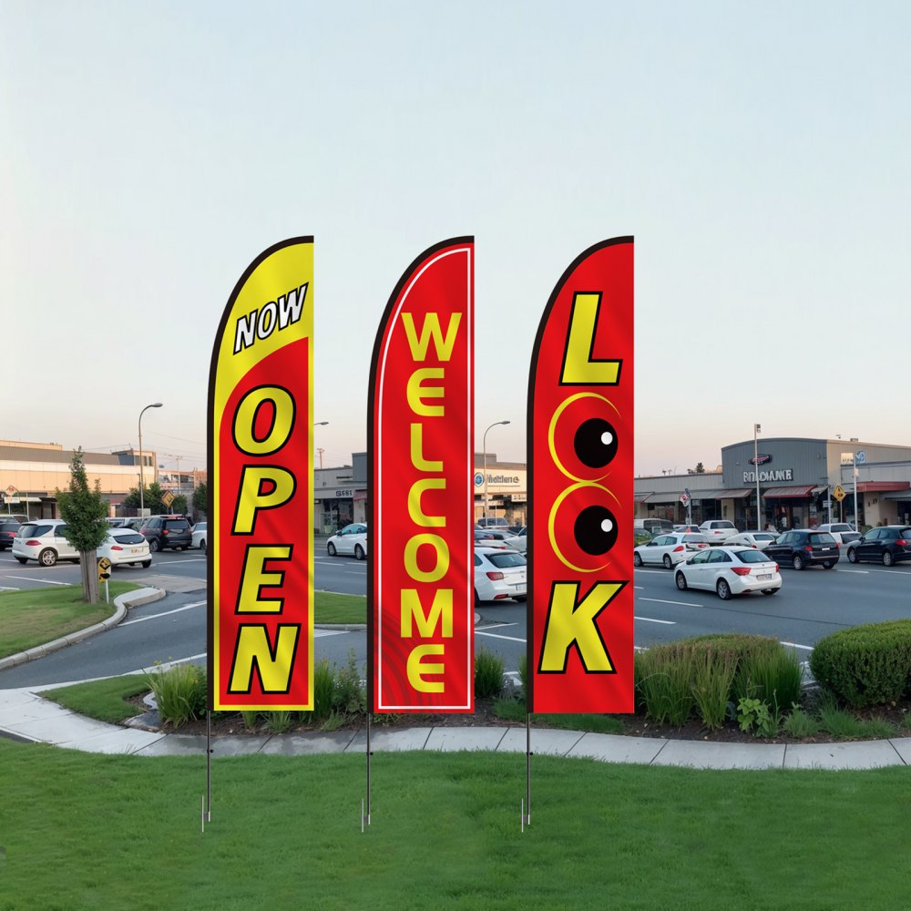 VEVOR Open Flags with Mast Set, Outdoor Advertising Flags for Businesses, Advertising Feather Flag Set, 3 Flags (Open, Look, Welcome), 3 Masts, 3 Ground Stakes, Swooper Flags for Businesses 5 m