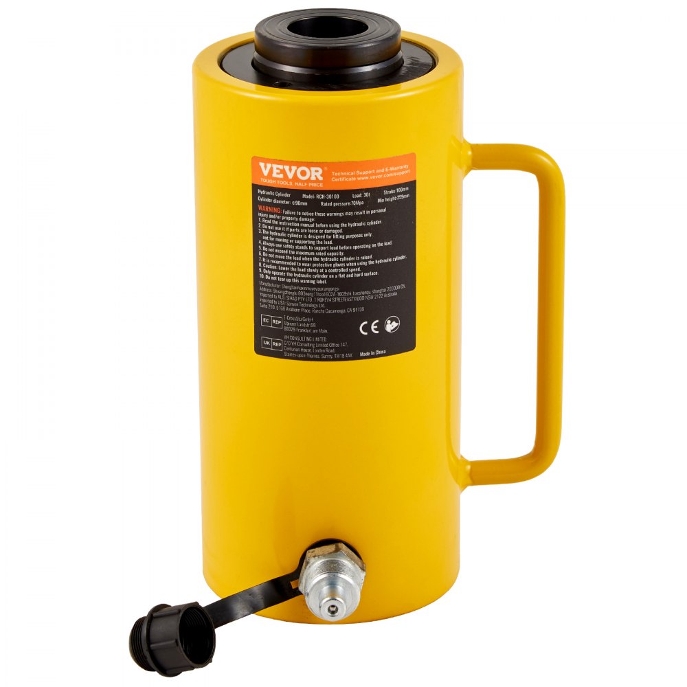 VEVOR Hydraulic Cylinder Jack, 30T Capacity, 100mm Stroke, Single-Acting, Portable, Yellow, Hydraulic Trolley Jack, Hollow Piston Jack, 6.9kg Hydraulic Bottle for Riggers and Manufacturers