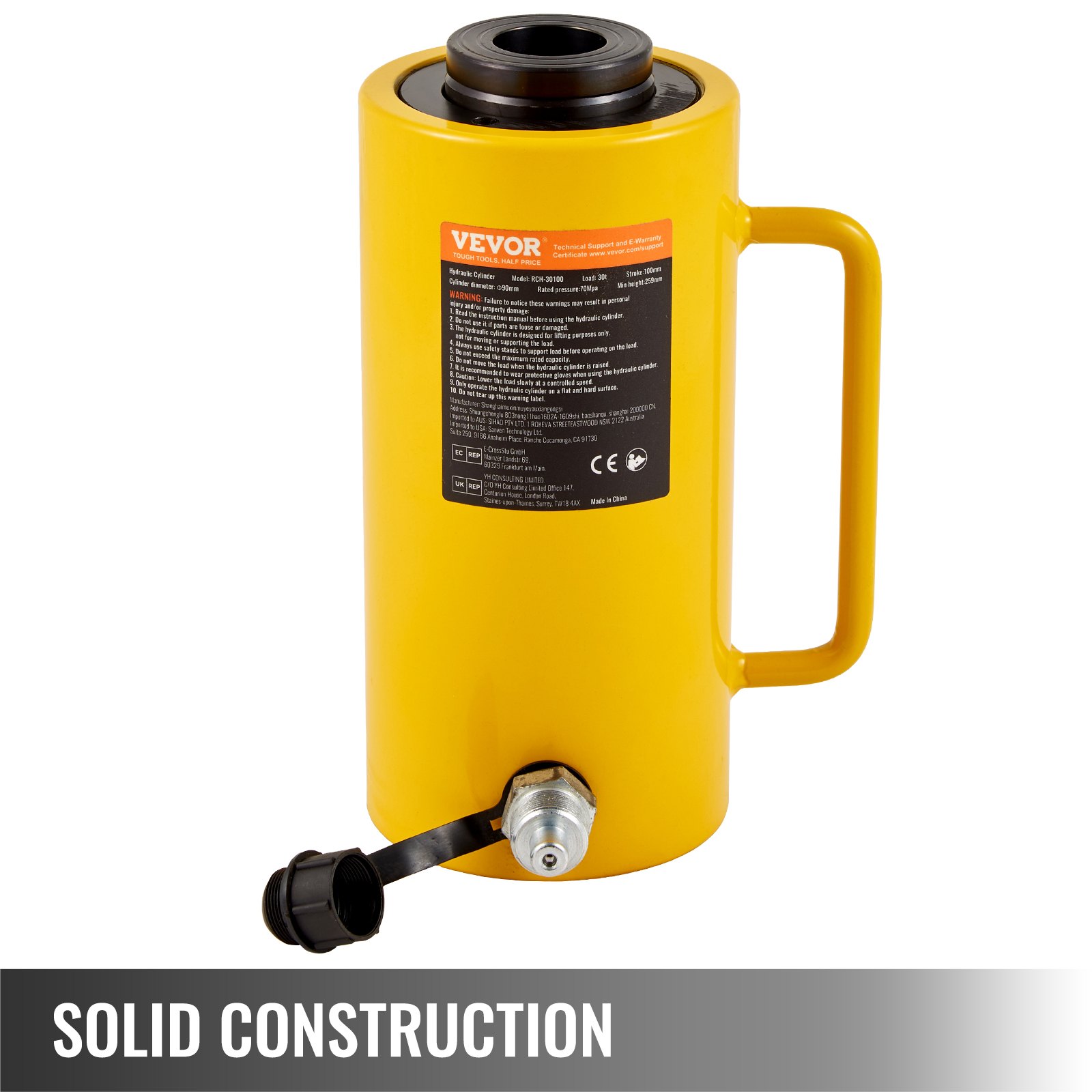 VEVOR Hydraulic Cylinder Jack, 30T Capacity, 100mm Stroke, Single-Acting, Portable, Yellow, Hydraulic Trolley Jack, Hollow Piston Jack, 6.9kg Hydraulic Bottle for Riggers and Manufacturers