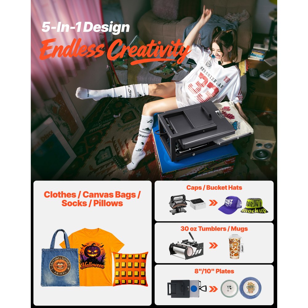 VEVOR Transferpresse 38 x 38 cm 5 in 1 Multifunktion, schnelles & gleichmäßiges Aufheizen, Heißpressmaschine Sublimationspresse Hitzepresse für T-Shirts/Tassen/Becher/Kappen/Teller, schwarz