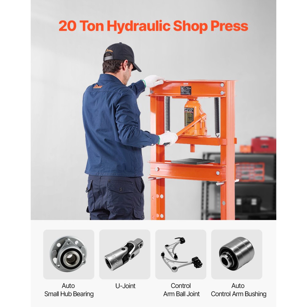 VEVOR hydraulic workshop press 20 t (H-frame) with press plate & triangular support, adjustable hydraulic press with pressure relief valve (max. cylinder stroke 145 mm), for bending, straightening & punching