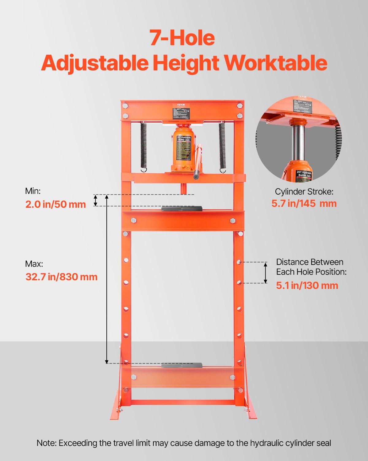 VEVOR hydraulic workshop press 20 t (H-frame) with press plate & triangular support, adjustable hydraulic press with pressure relief valve (max. cylinder stroke 145 mm), for bending, straightening & punching